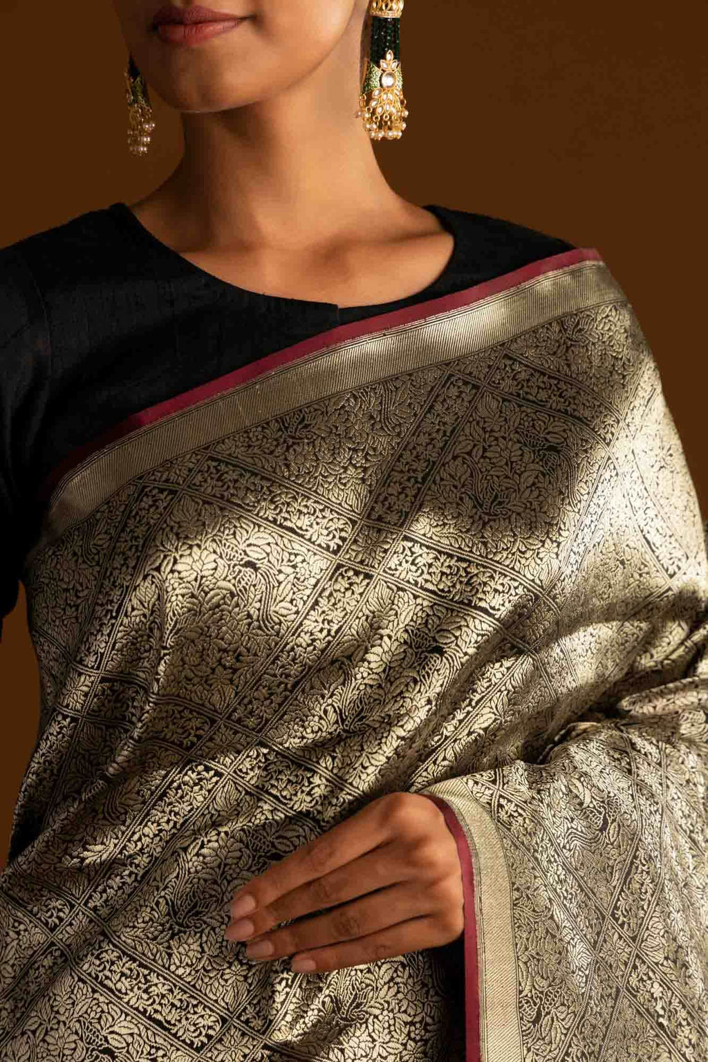 The jeweled Bird-Black Banarasi Silk Saree