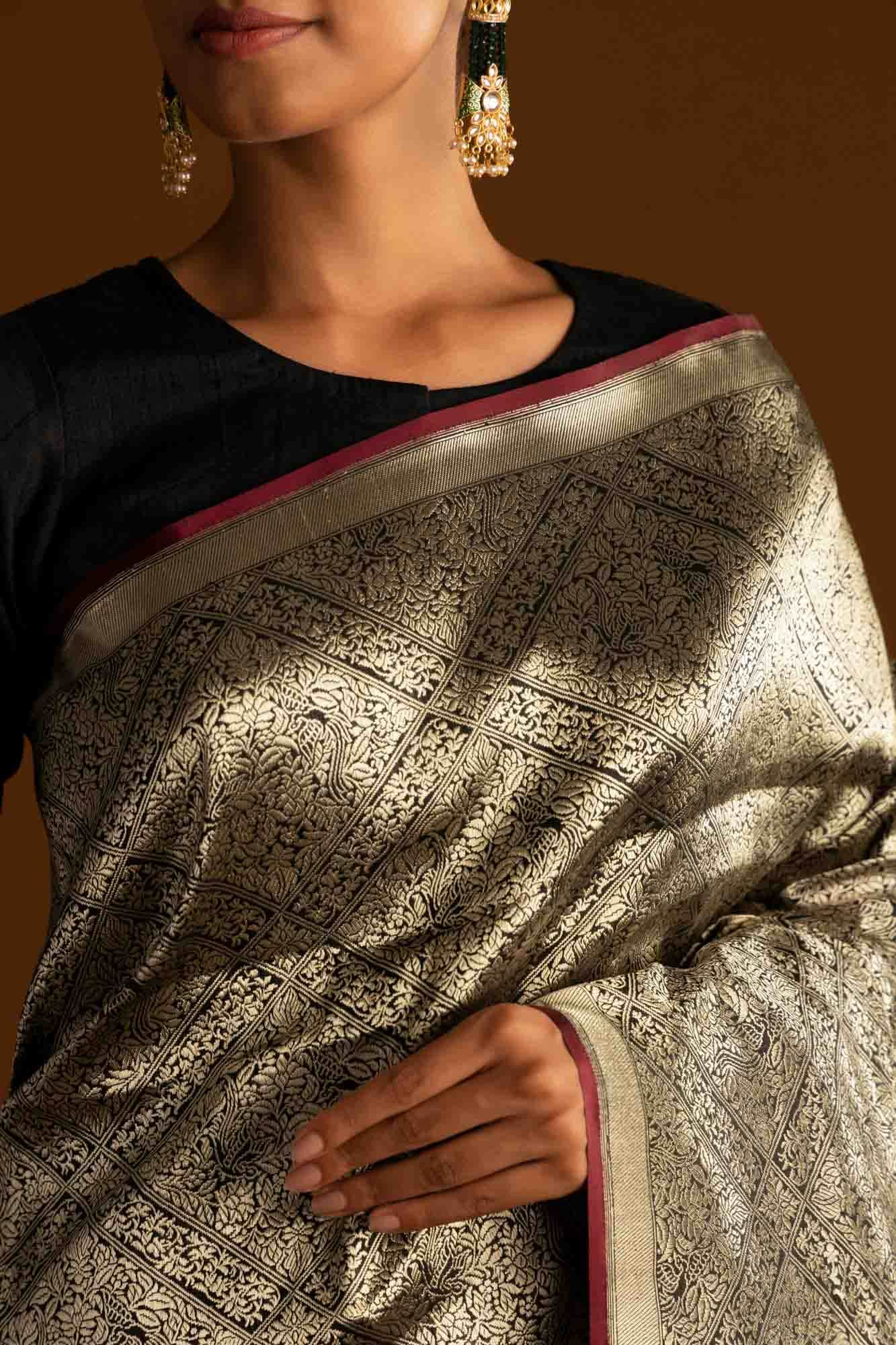 The jeweled Bird-Black Banarasi Silk Saree