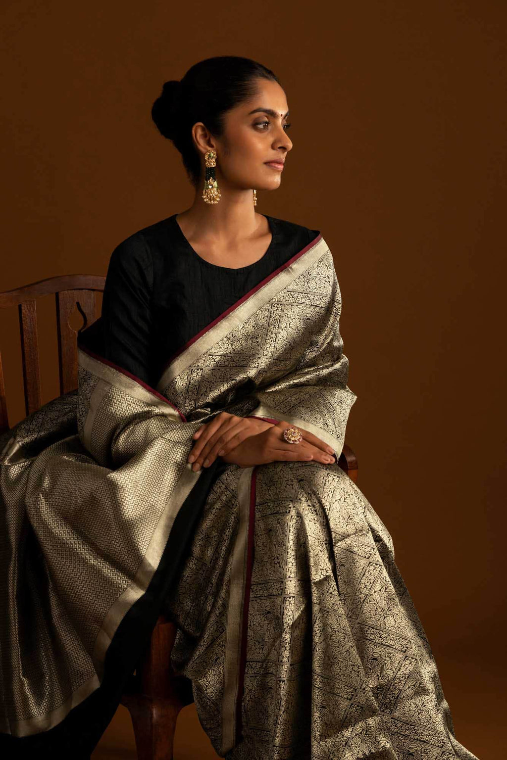 The jeweled Bird-Black Banarasi Silk Saree