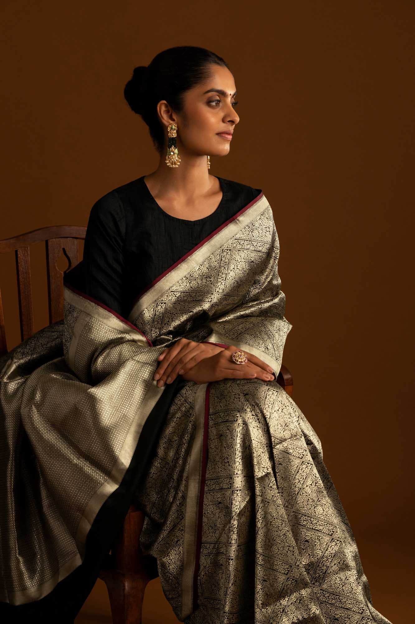 The jeweled Bird-Black Banarasi Silk Saree
