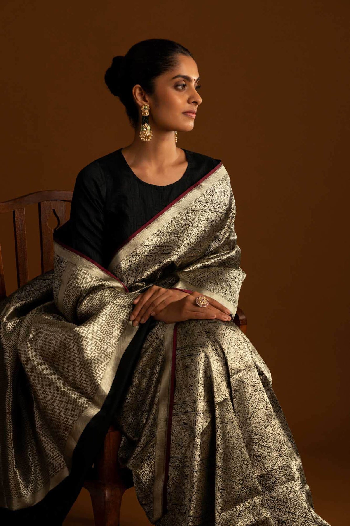 The jeweled Bird-Black Banarasi Silk Saree