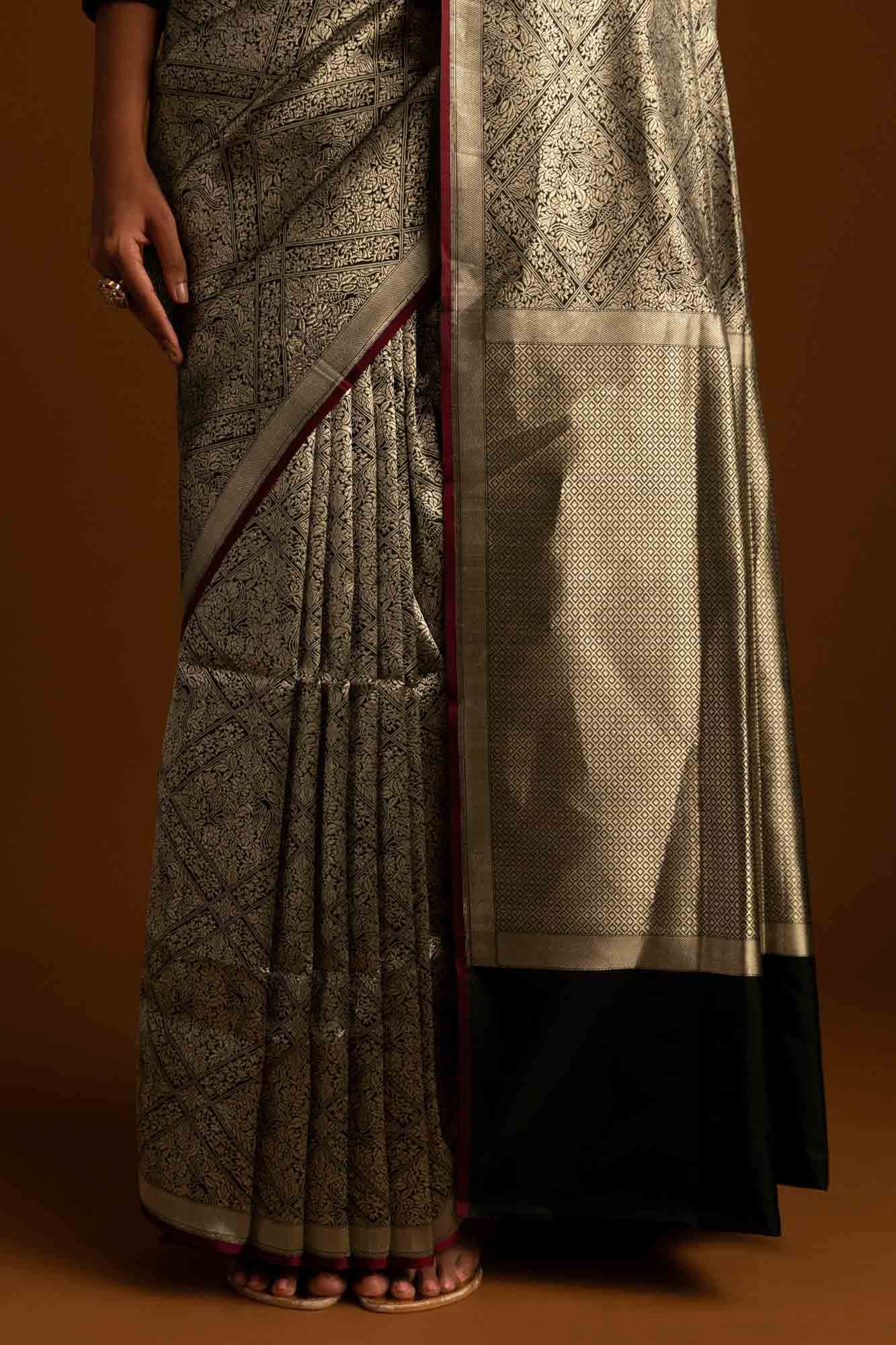 The jeweled Bird-Black Banarasi Silk Saree