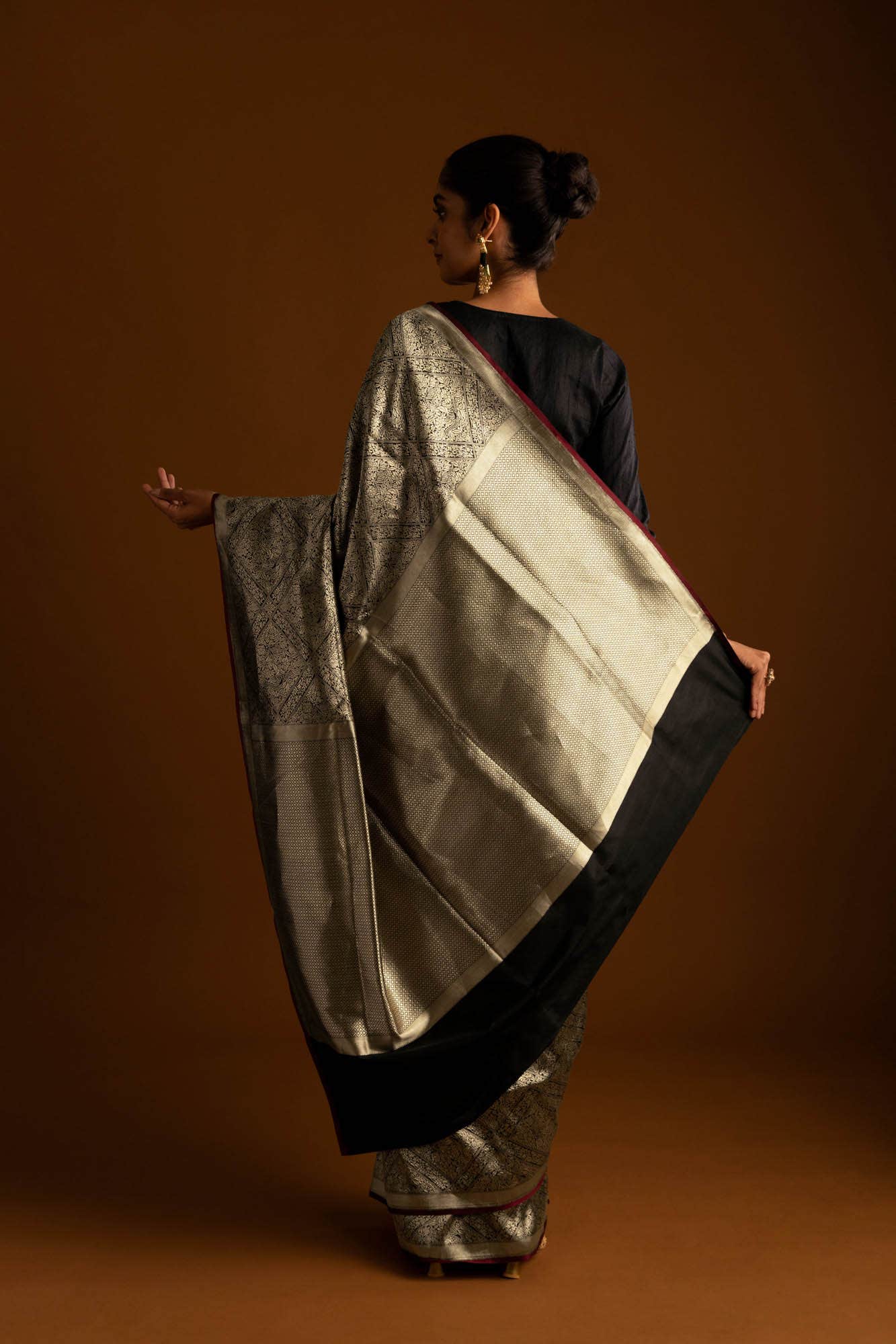 The jeweled Bird-Black Banarasi Silk Saree