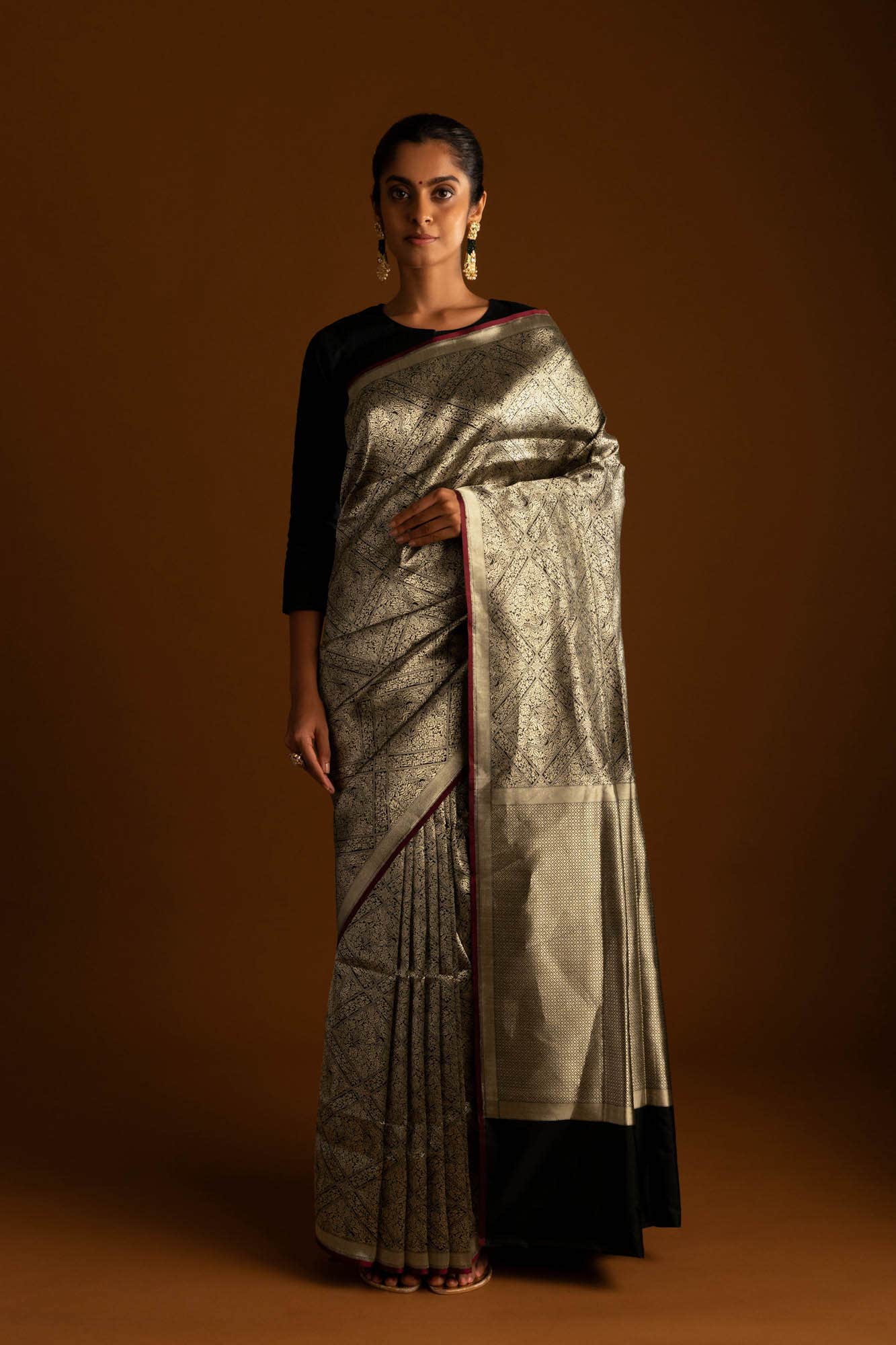 The jeweled Bird-Black Banarasi Silk Saree