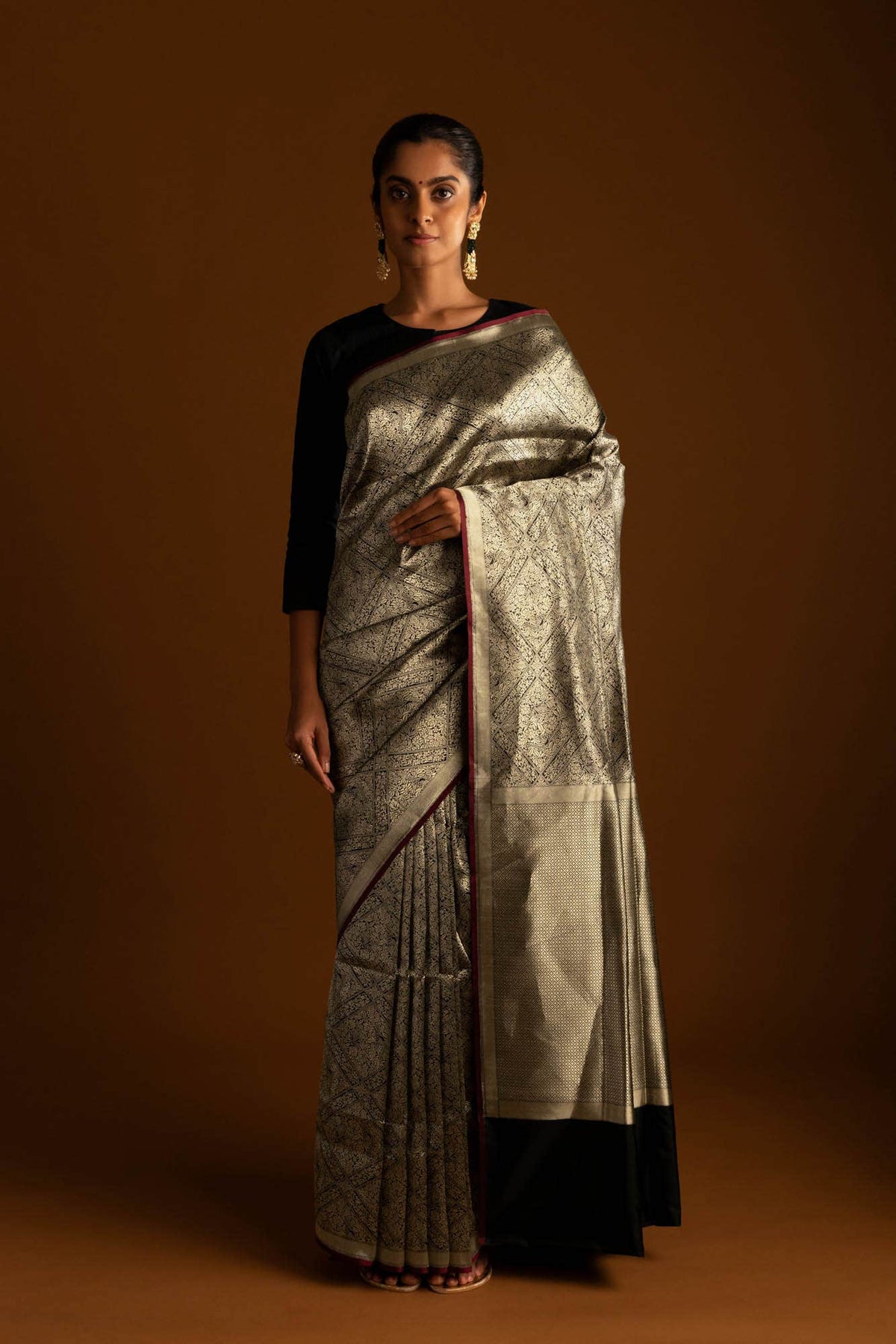 The jeweled Bird-Black Banarasi Silk Saree