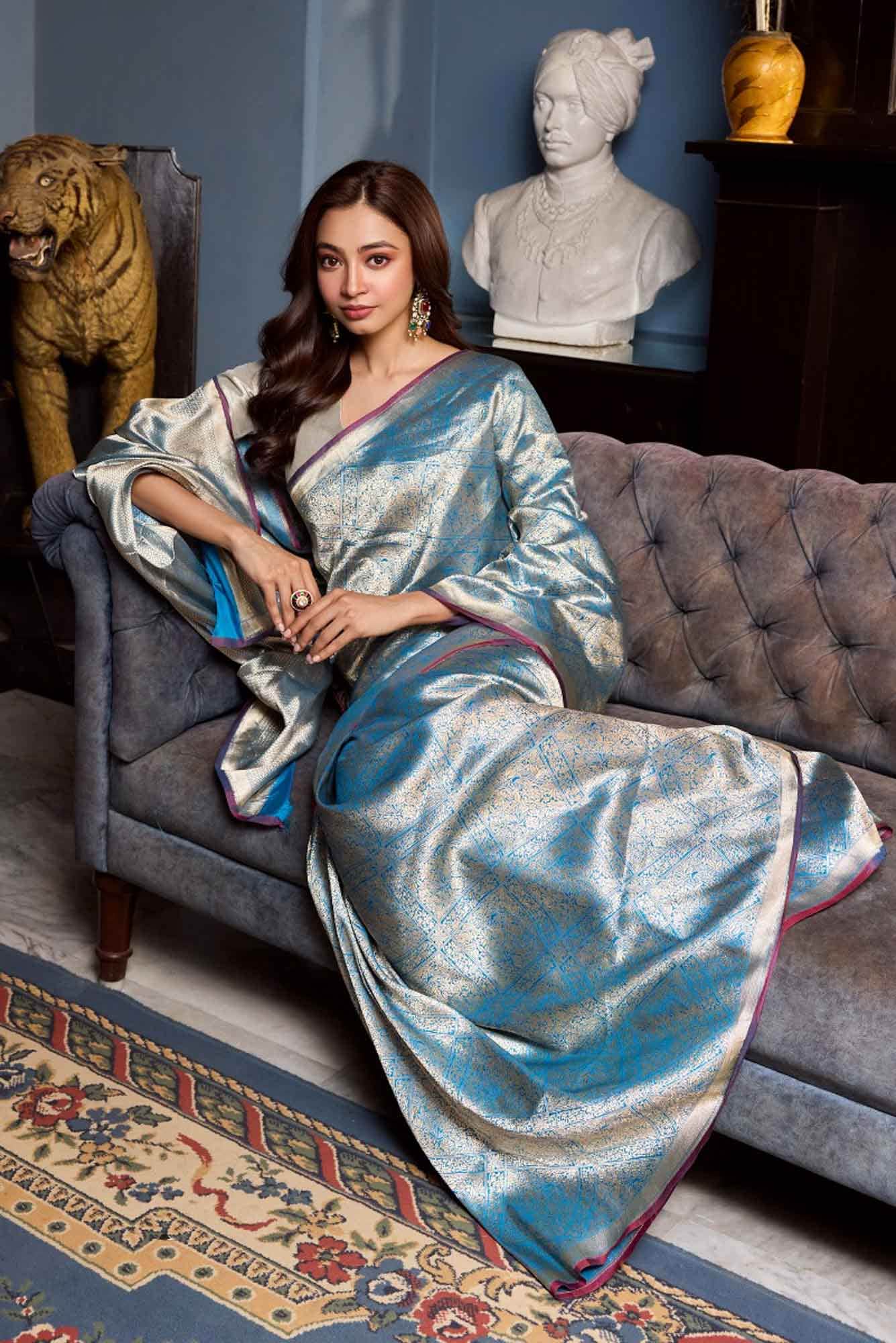 The jeweled Bird-Blue Banarasi Silk Saree