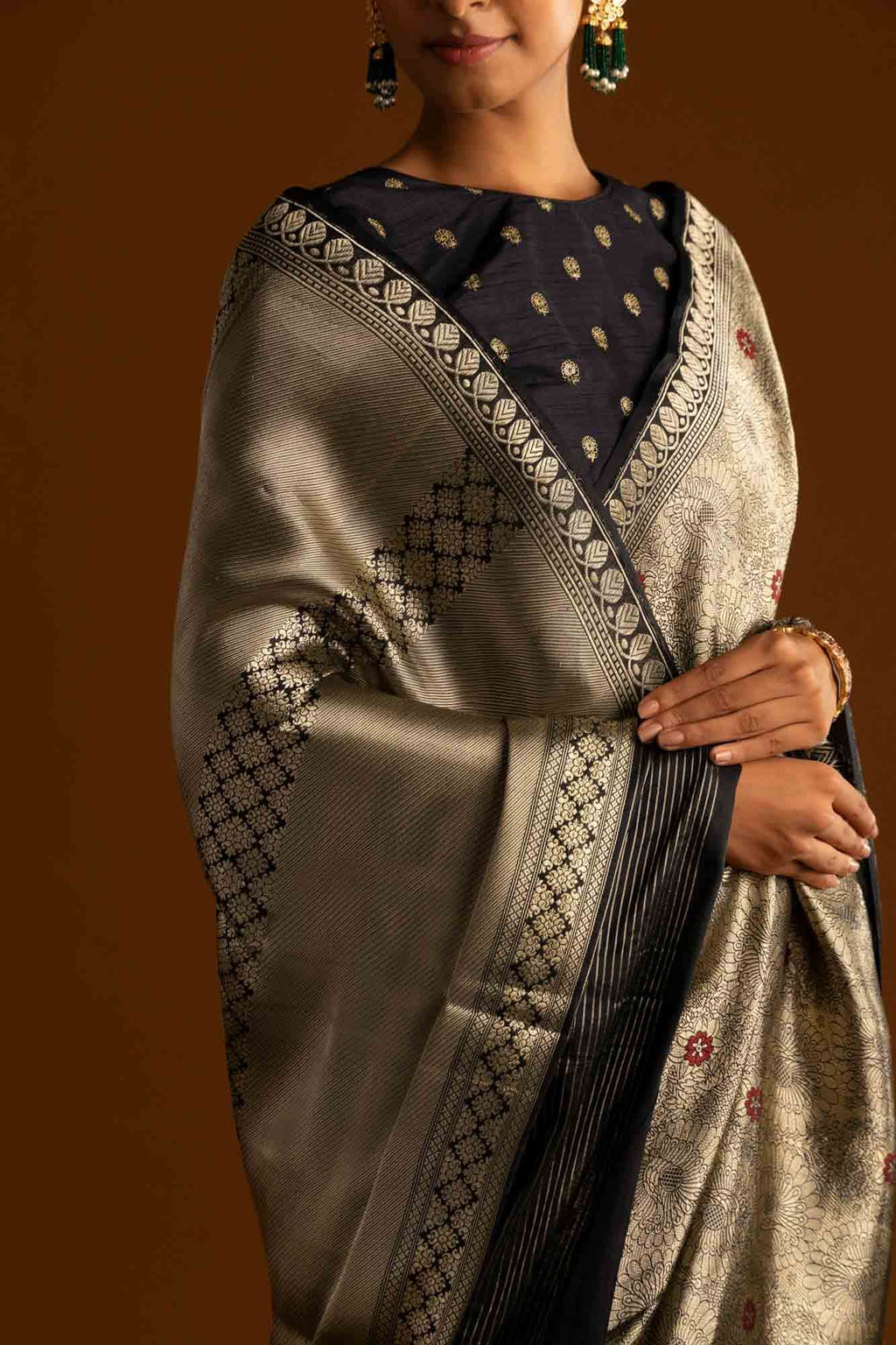 Mor-Black Banarasi Silk Saree