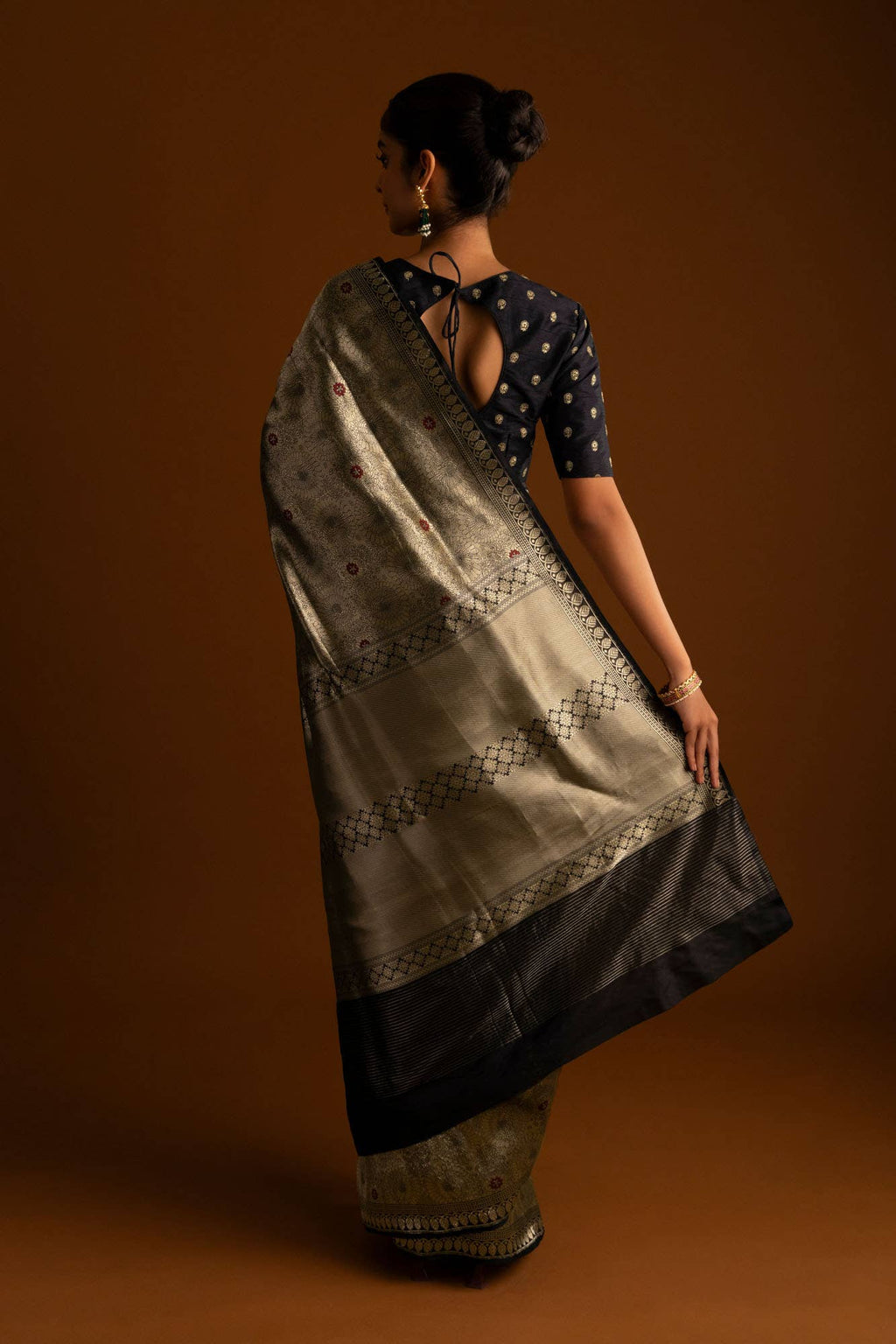 Mor-Black Banarasi Silk Saree
