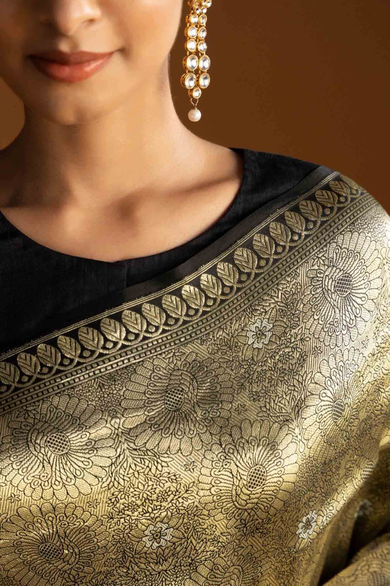 Mor-Black Banarasi Silk Saree