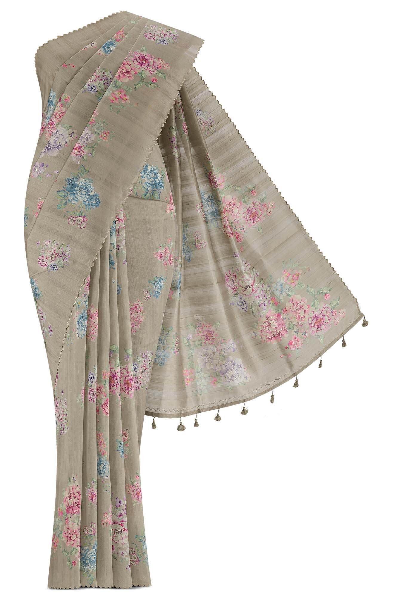 Beige Blended Tussar Silk Saree