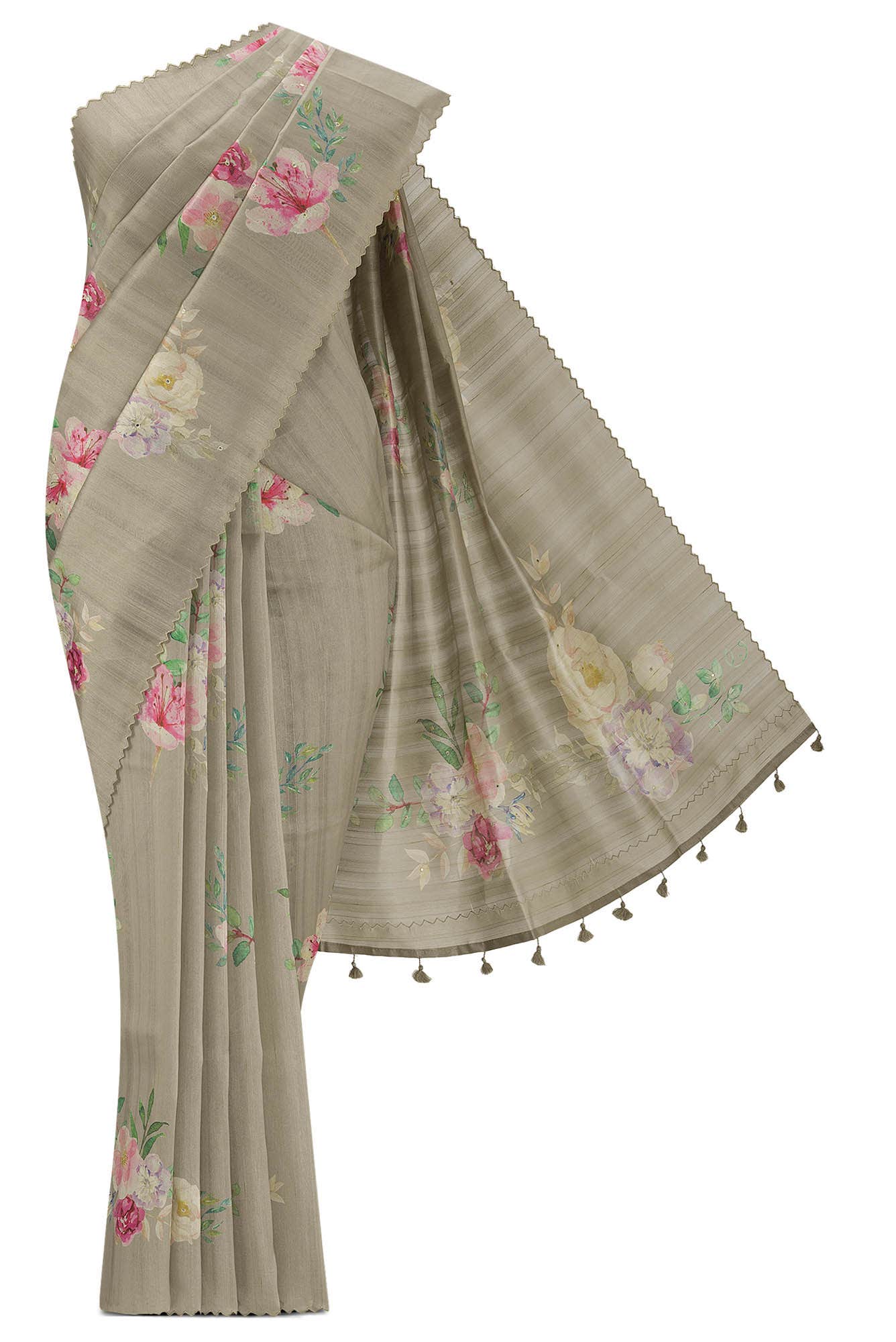 Beige Blended Tussar Silk Saree