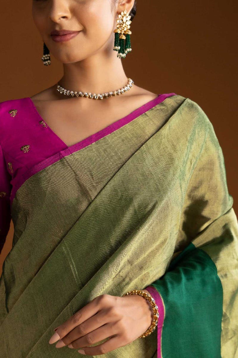 Green Chanderi Tissue Silk Cotton Saree