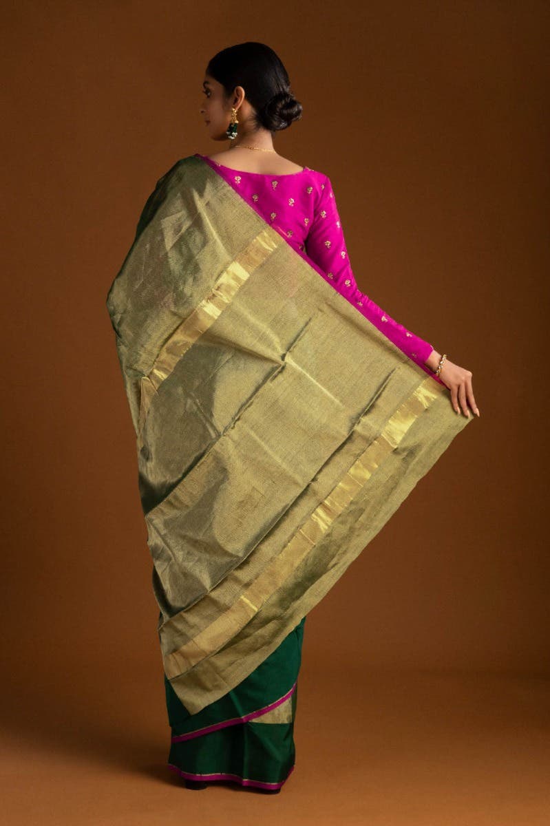 Green Chanderi Tissue Silk Cotton Saree