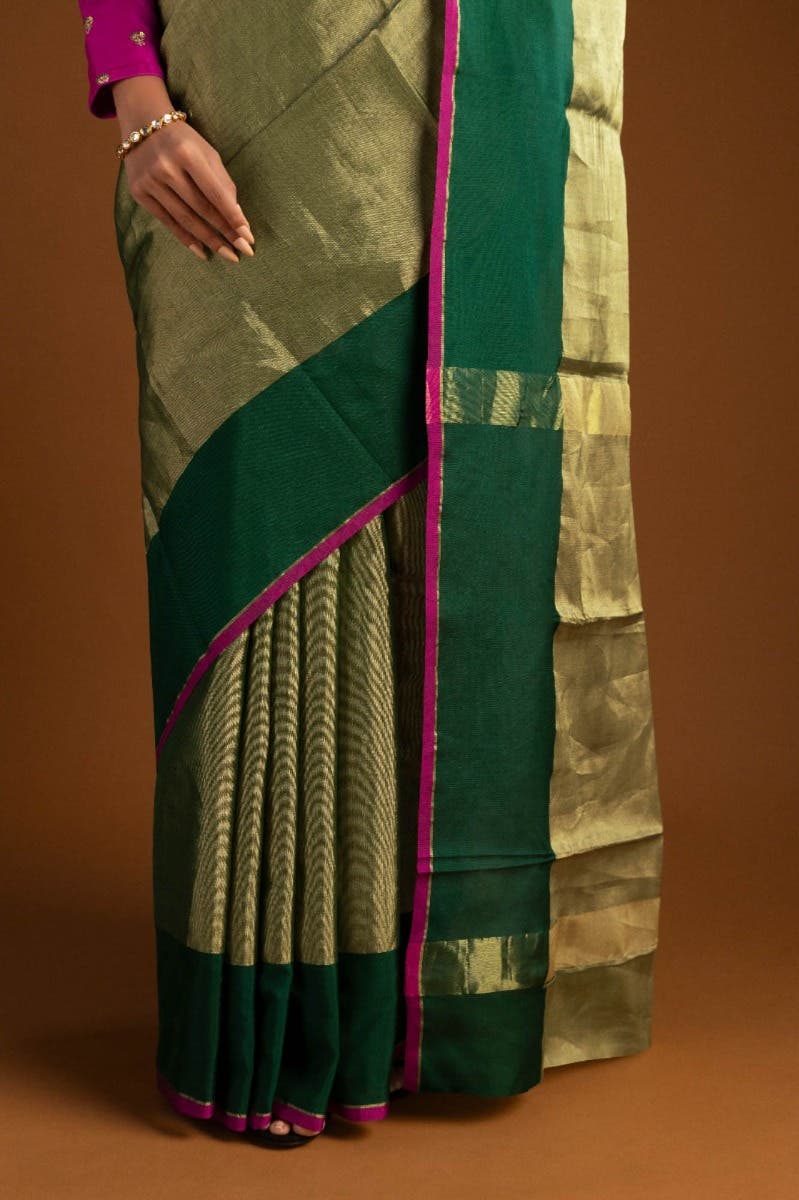 Green Chanderi Tissue Silk Cotton Saree