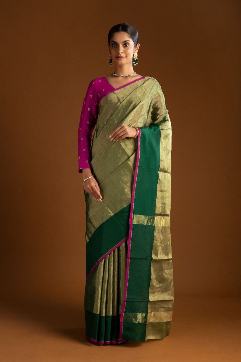 Green Chanderi Tissue Silk Cotton Saree