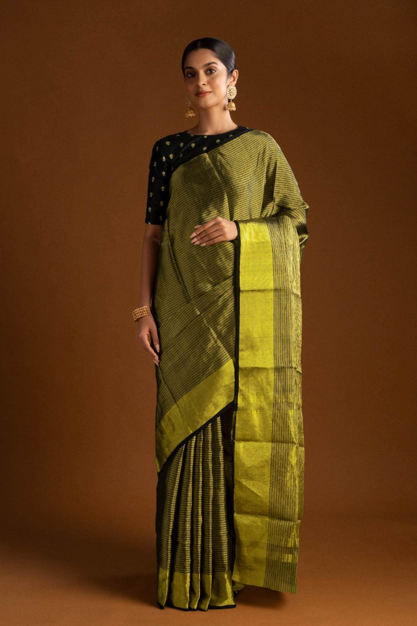 Black Chanderi Tissue Silk Cotton Saree