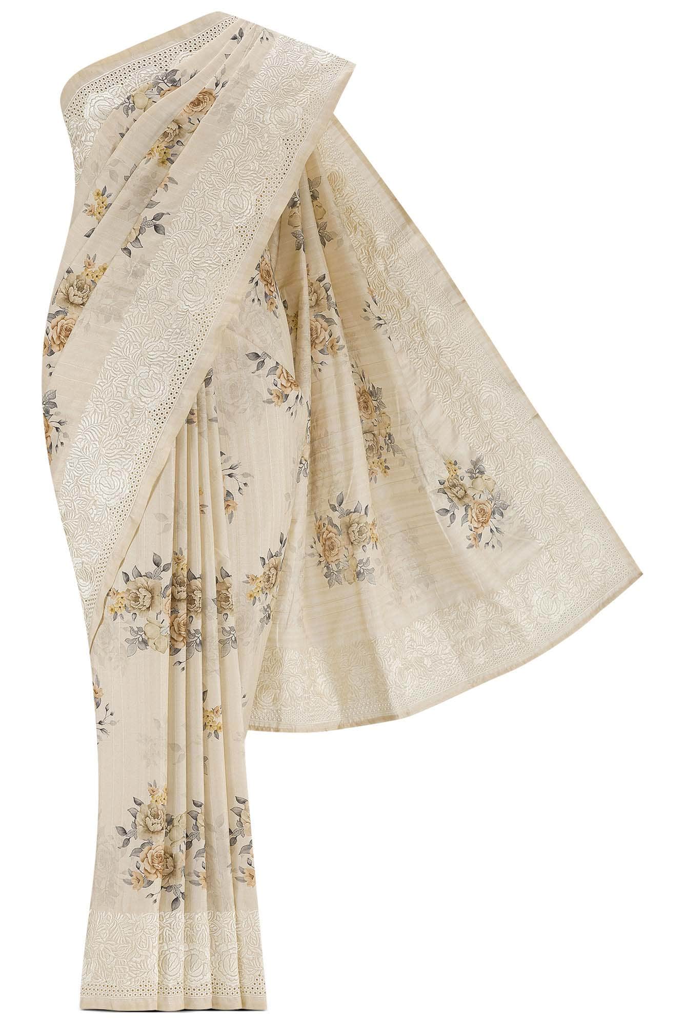 Beige Blended Tussar Silk Saree