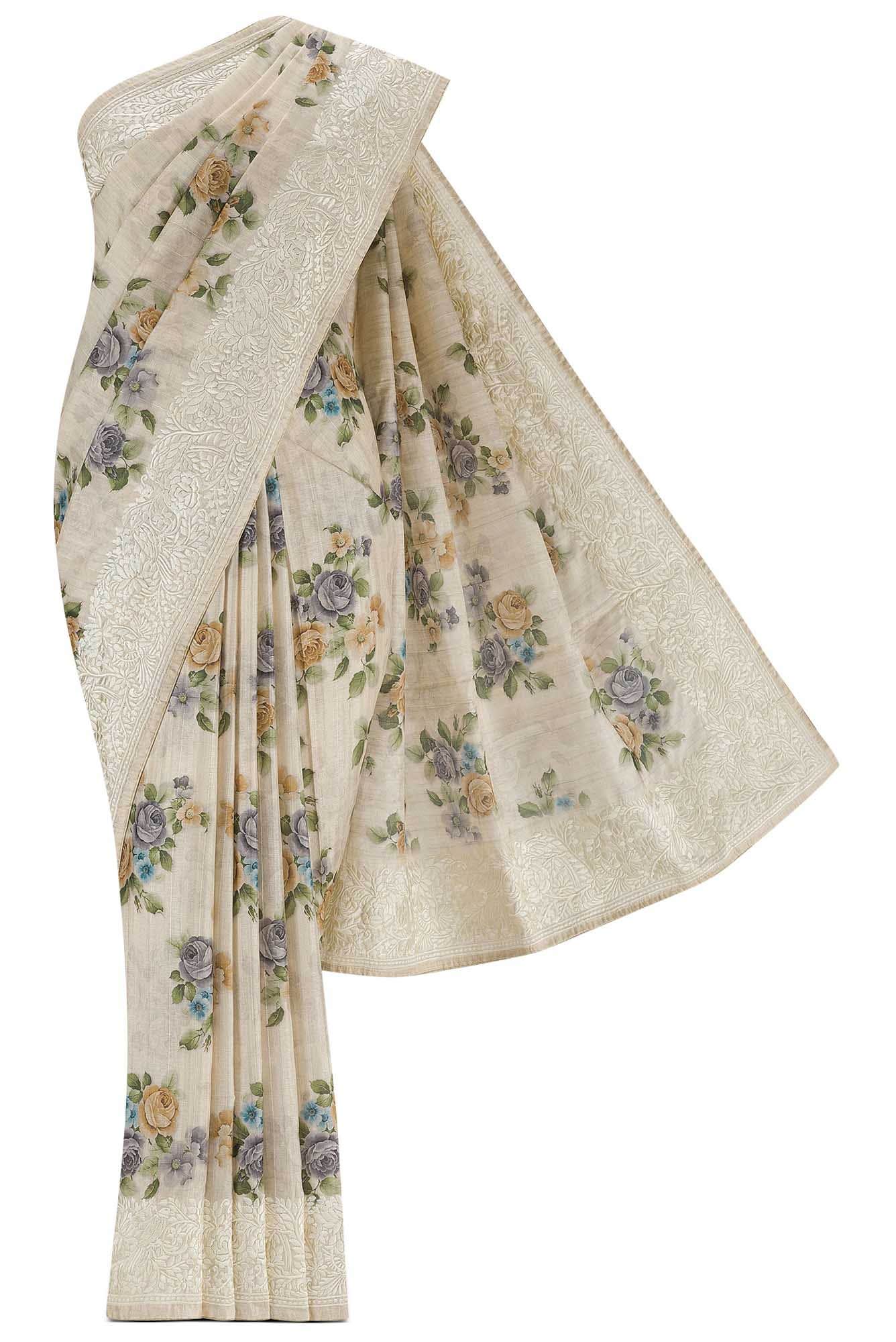 Beige Blended Tussar Silk Saree