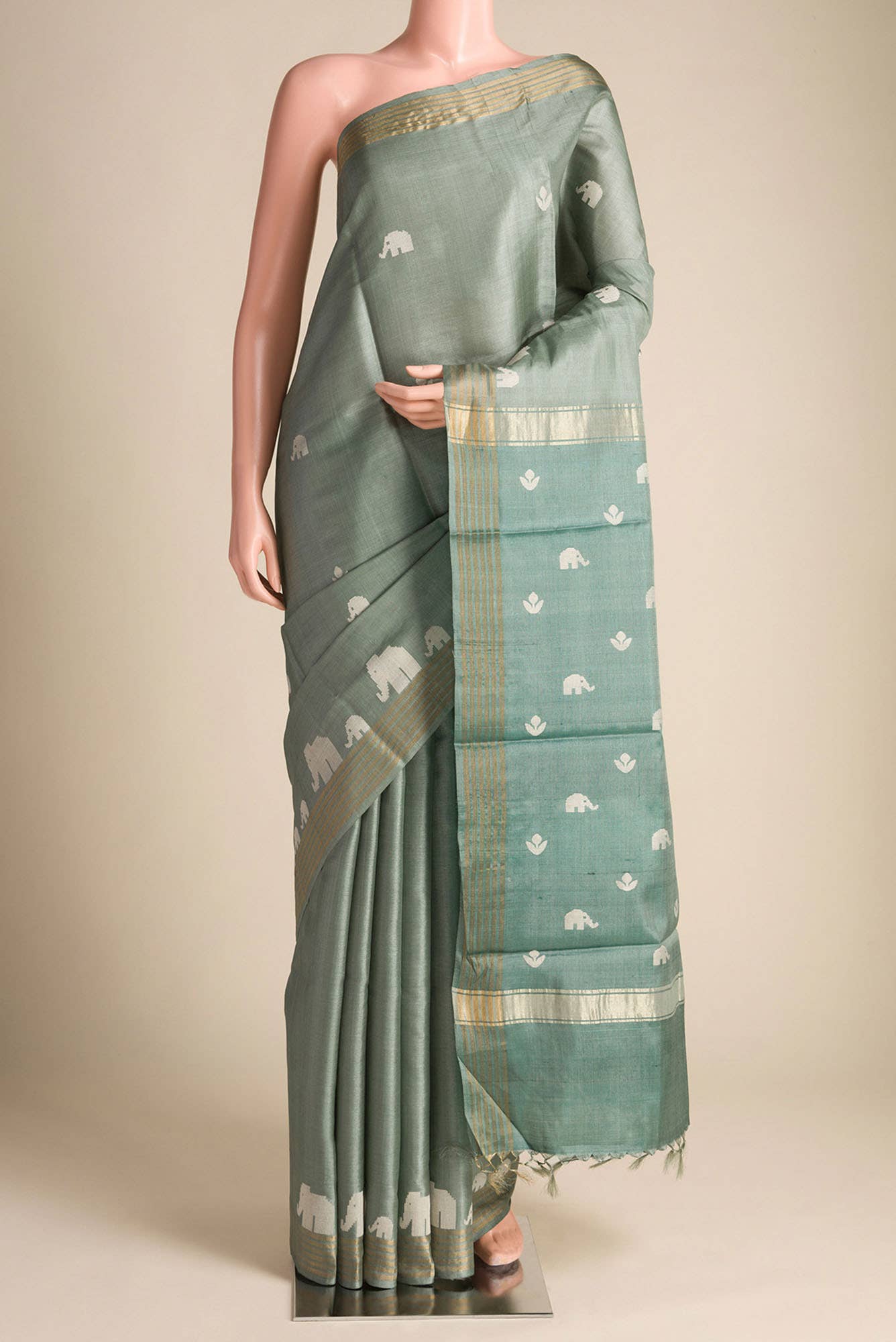 Elephant Whispers-Green Bhagalpuri Tussar Silk Saree
