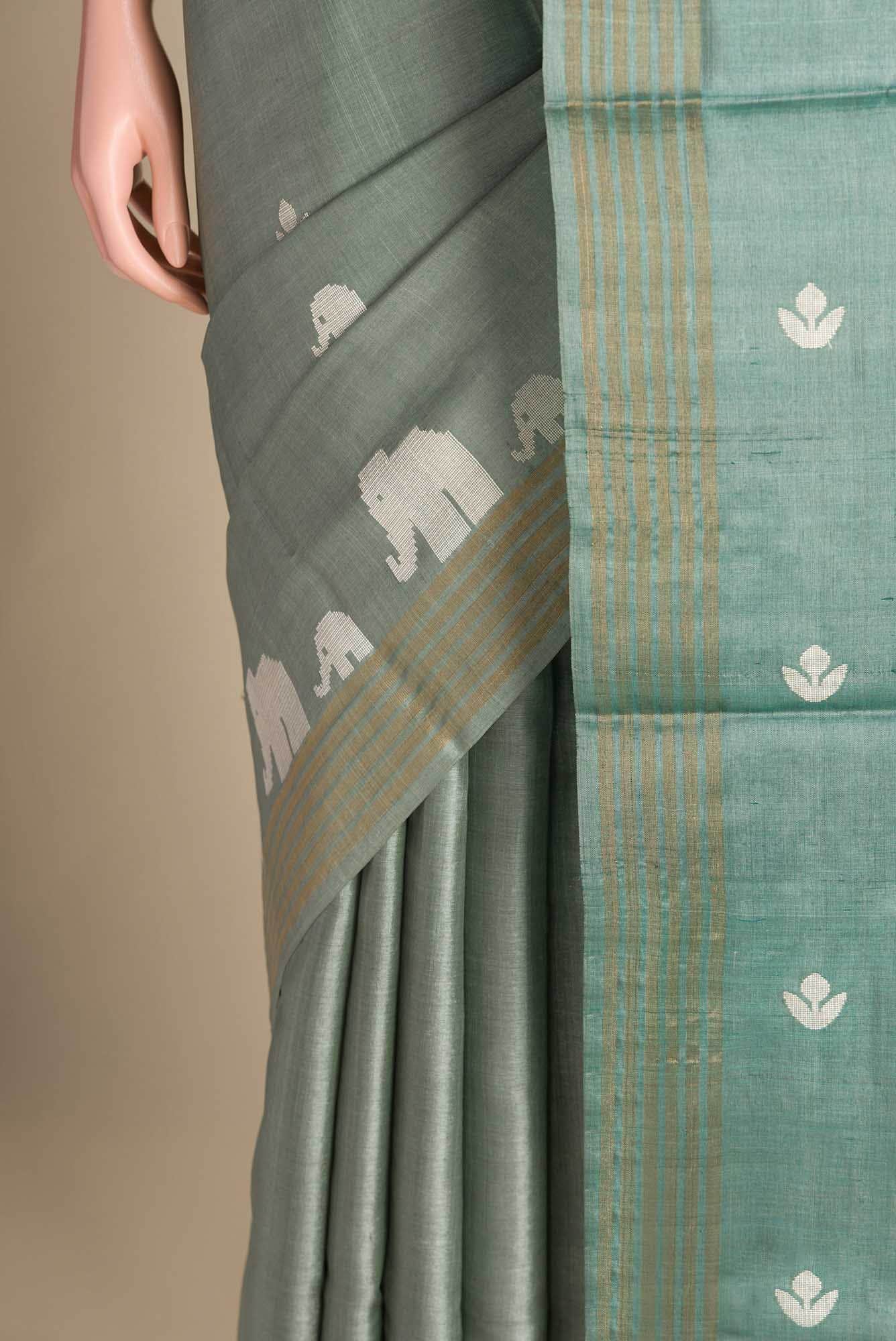 Elephant Whispers-Green Bhagalpuri Tussar Silk Saree