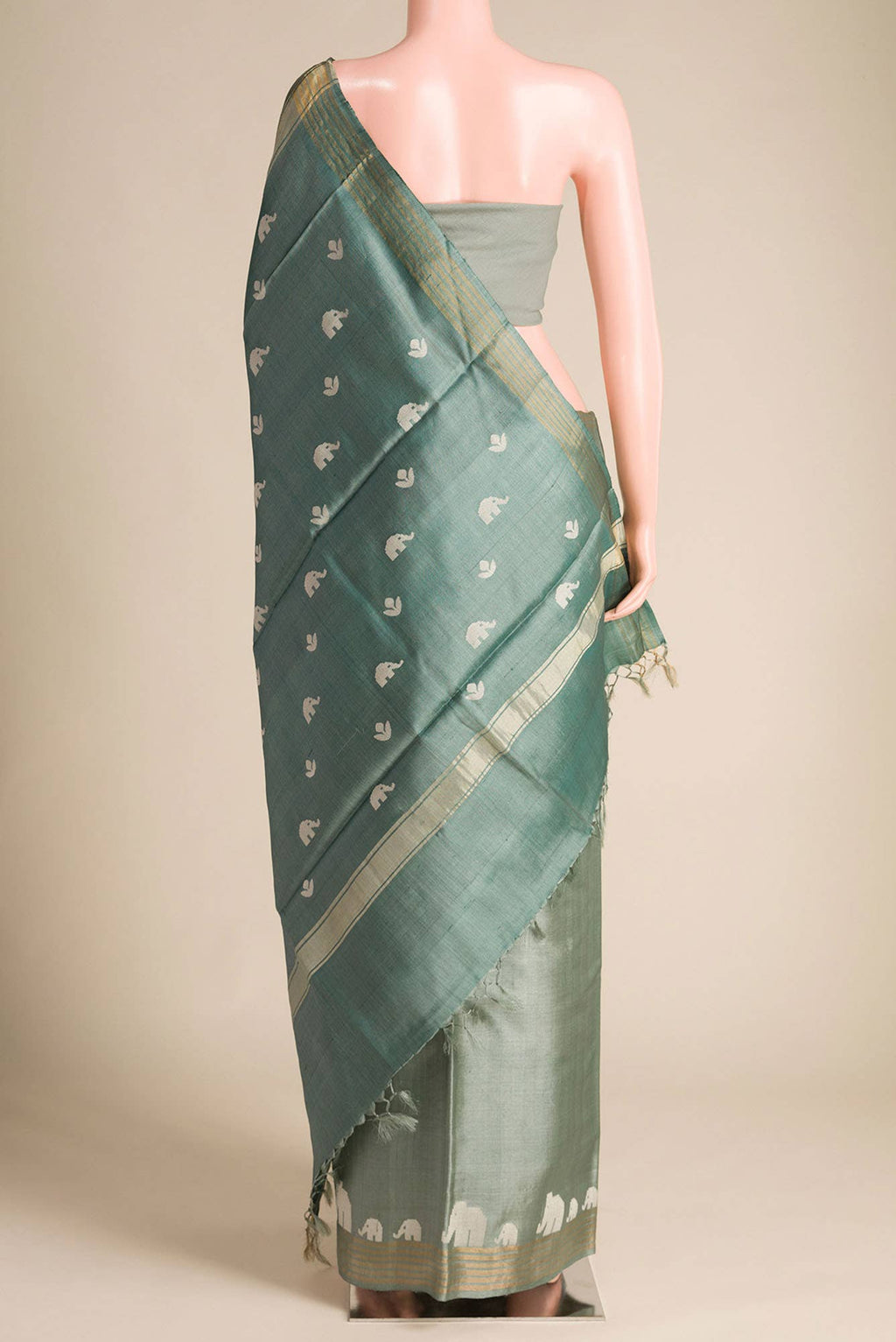 Elephant Whispers-Green Bhagalpuri Tussar Silk Saree