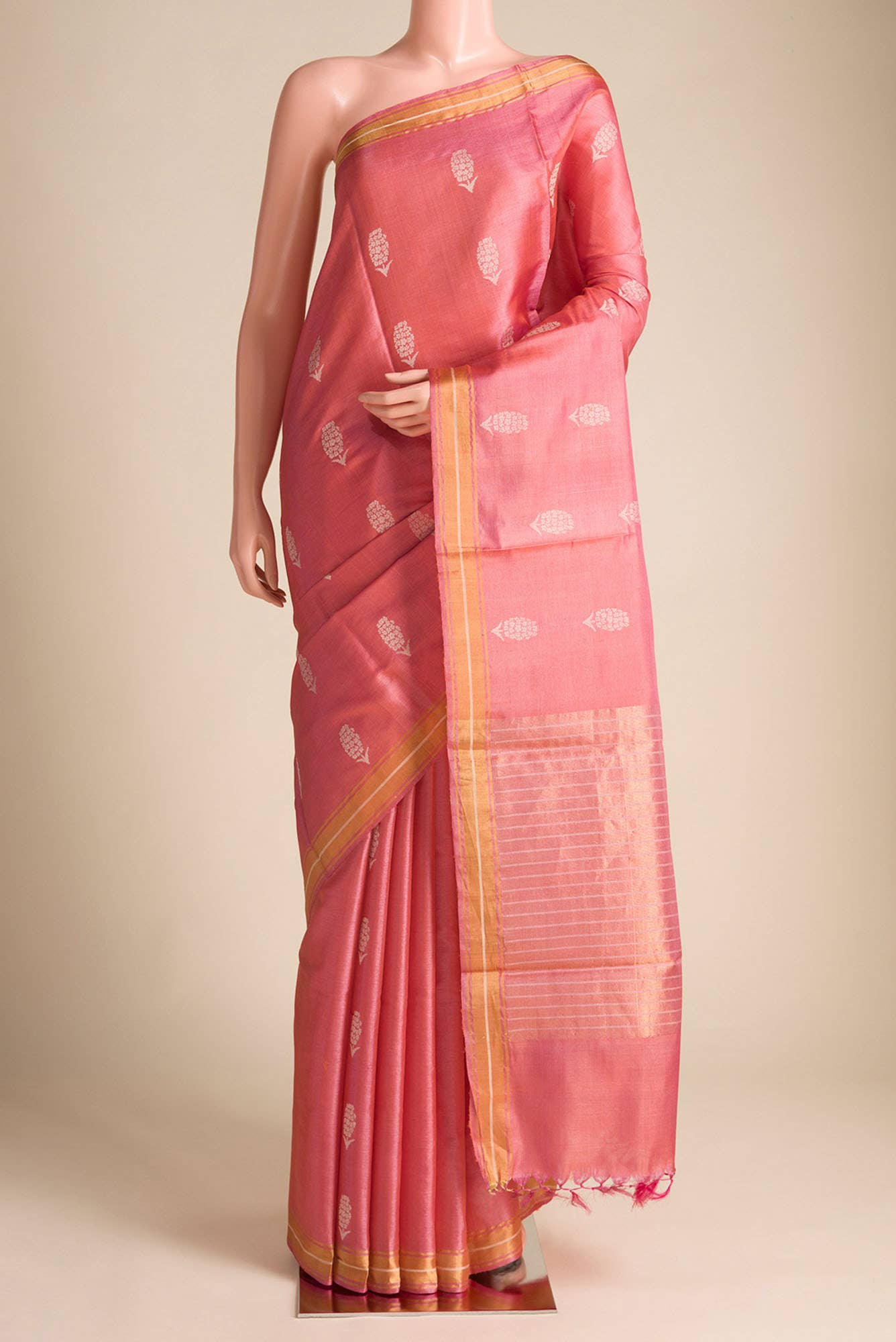 Basket of Lavender Flowers-Bhagalpuri Tussar Silk Saree in Coral Color