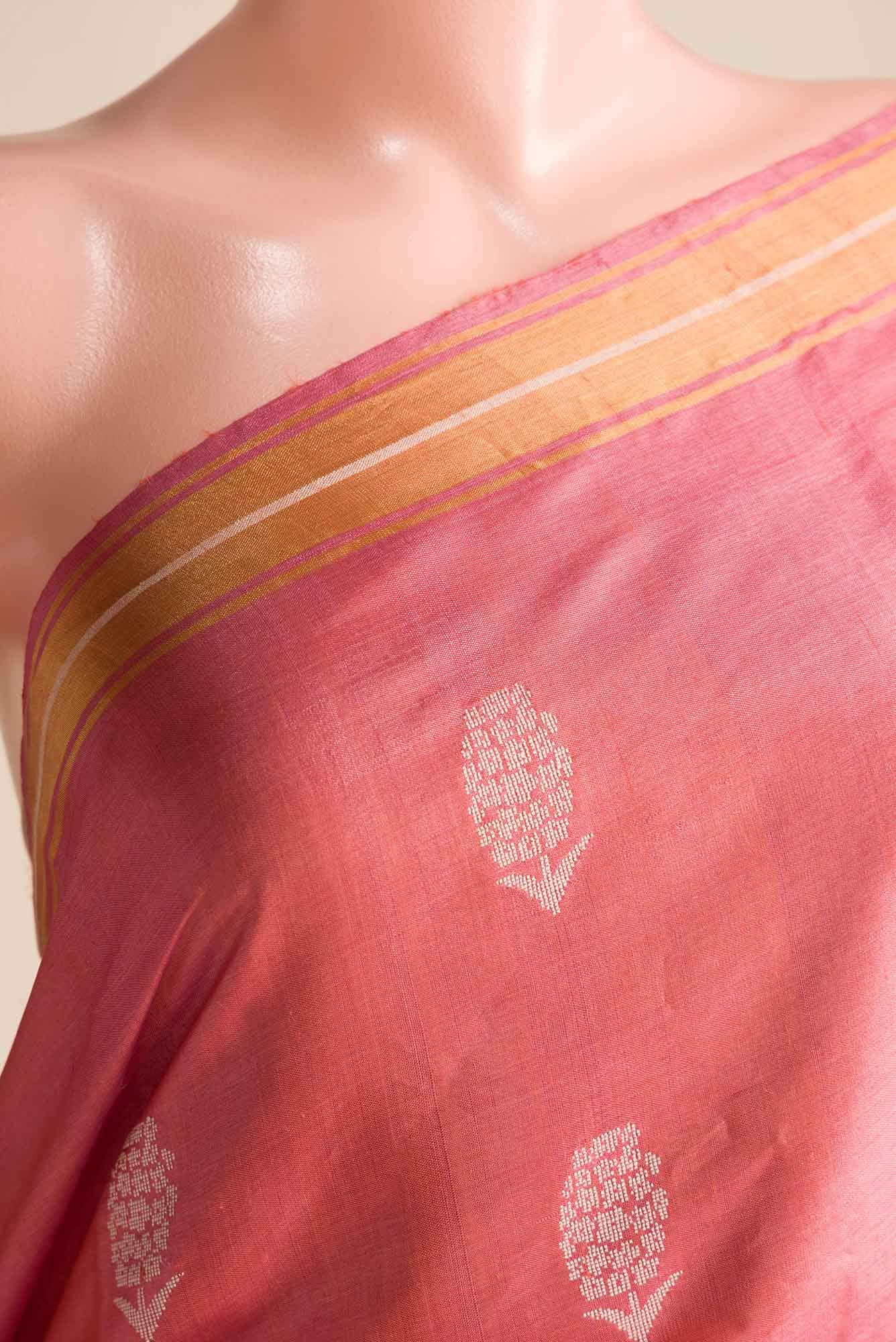 Basket of Lavender Flowers-Bhagalpuri Tussar Silk Saree in Coral Color