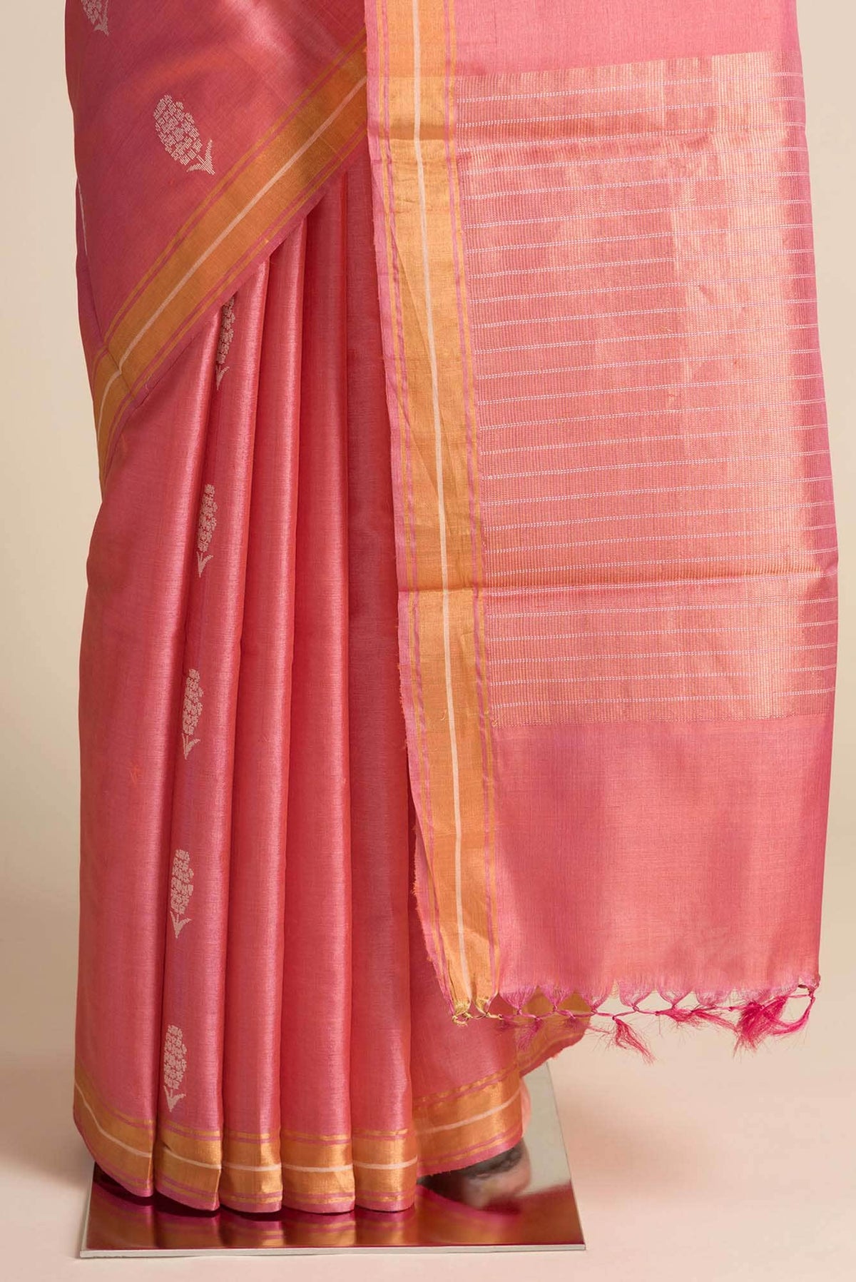 Basket of Lavender Flowers-Bhagalpuri Tussar Silk Saree in Coral Color