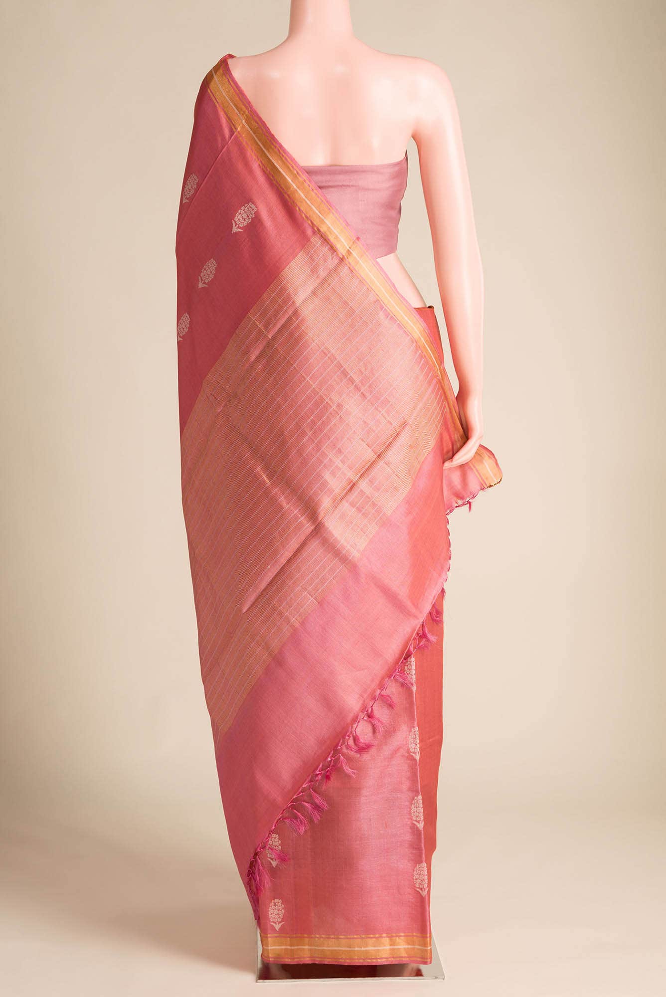 Basket of Lavender Flowers-Bhagalpuri Tussar Silk Saree in Coral Color