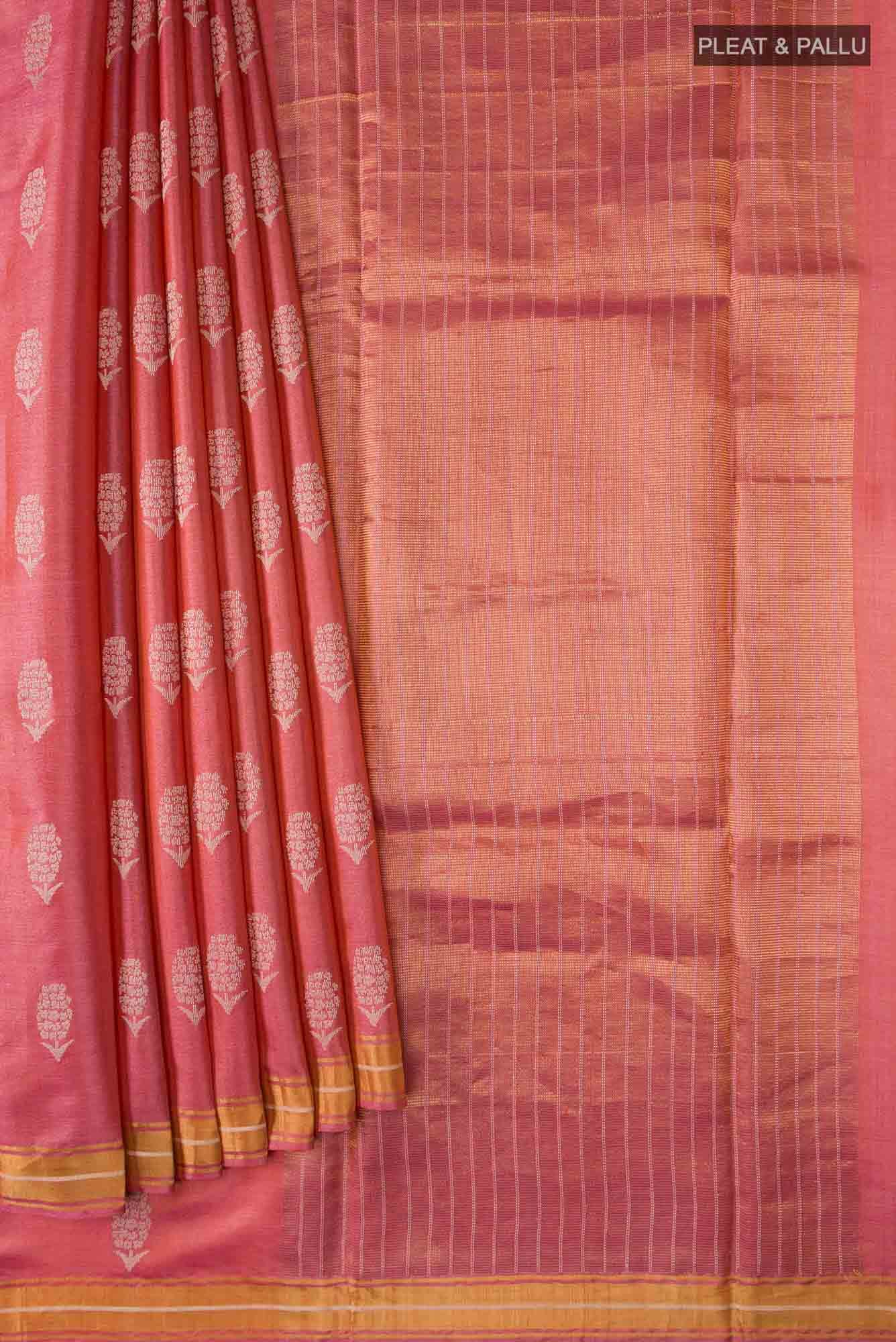 Basket of Lavender Flowers-Bhagalpuri Tussar Silk Saree in Coral Color