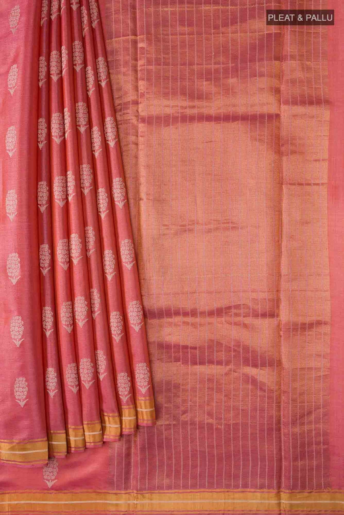 Basket of Lavender Flowers-Bhagalpuri Tussar Silk Saree in Coral Color