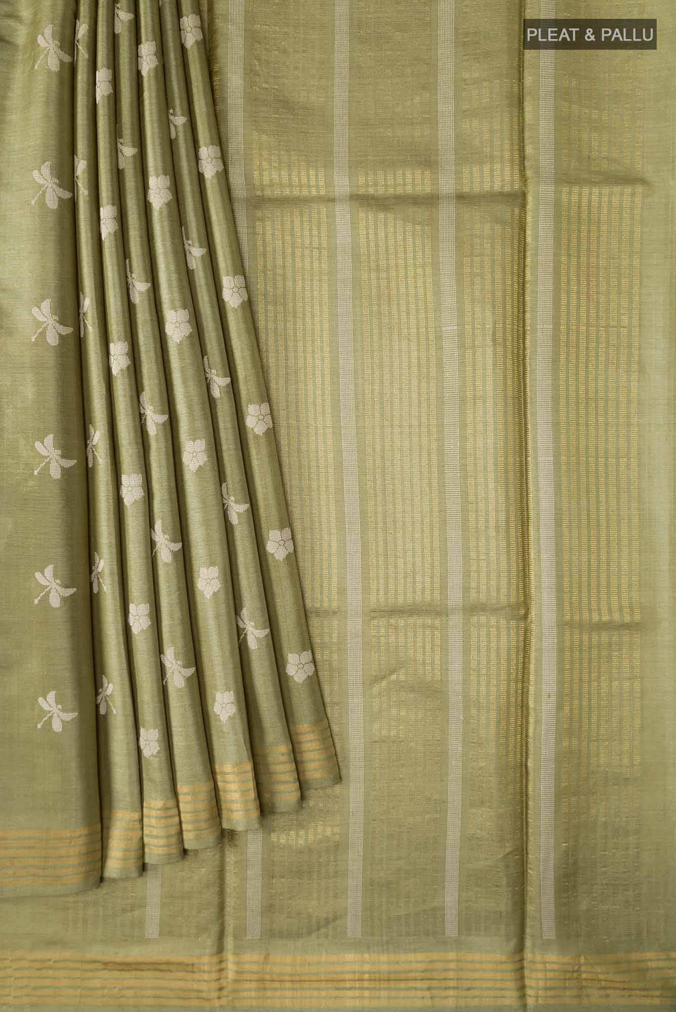 Dance of Dragonfly-Green Bhagalpuri Tussar Silk Saree