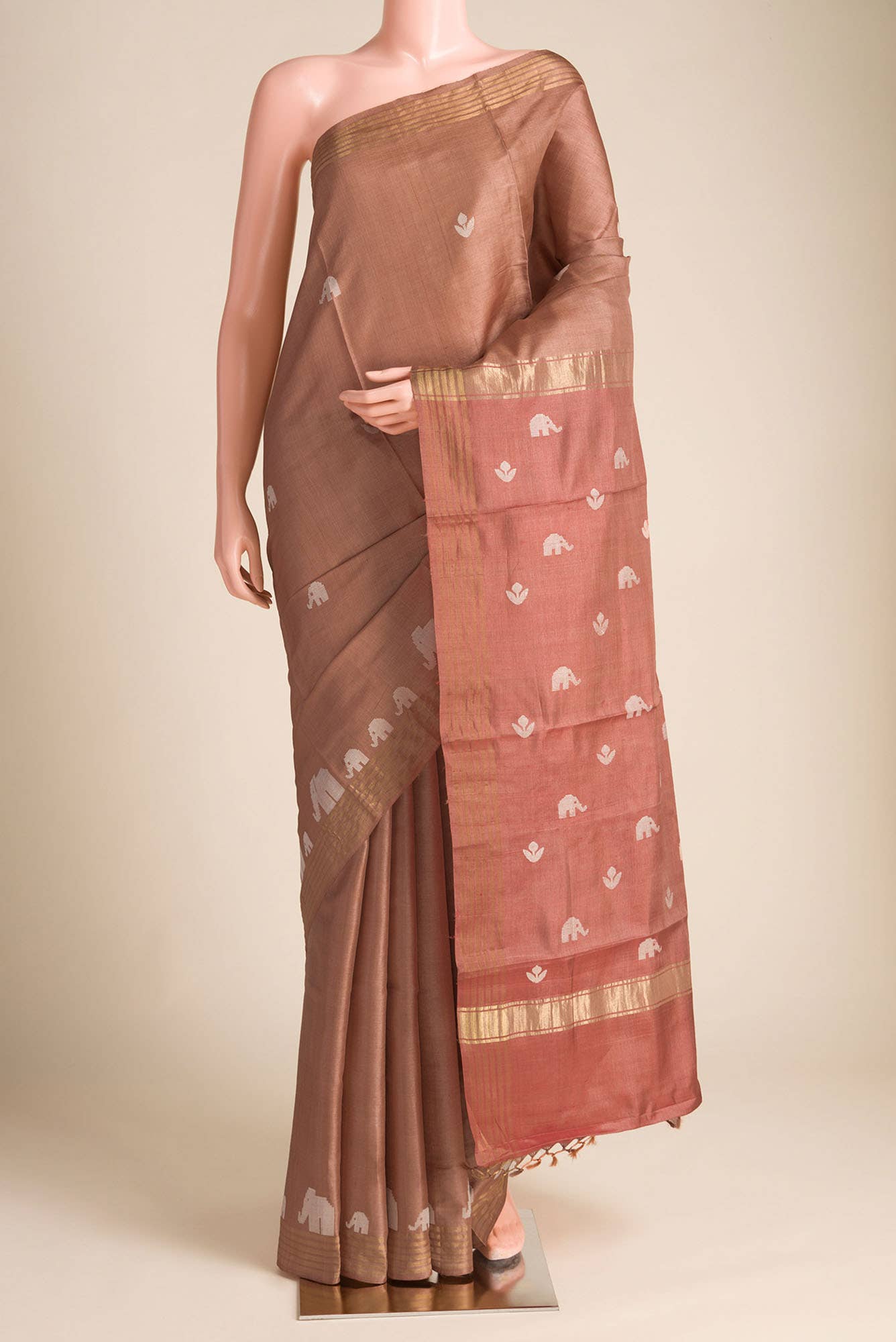 Elephant Whispers-Brown Bhagalpuri Tussar Silk Saree