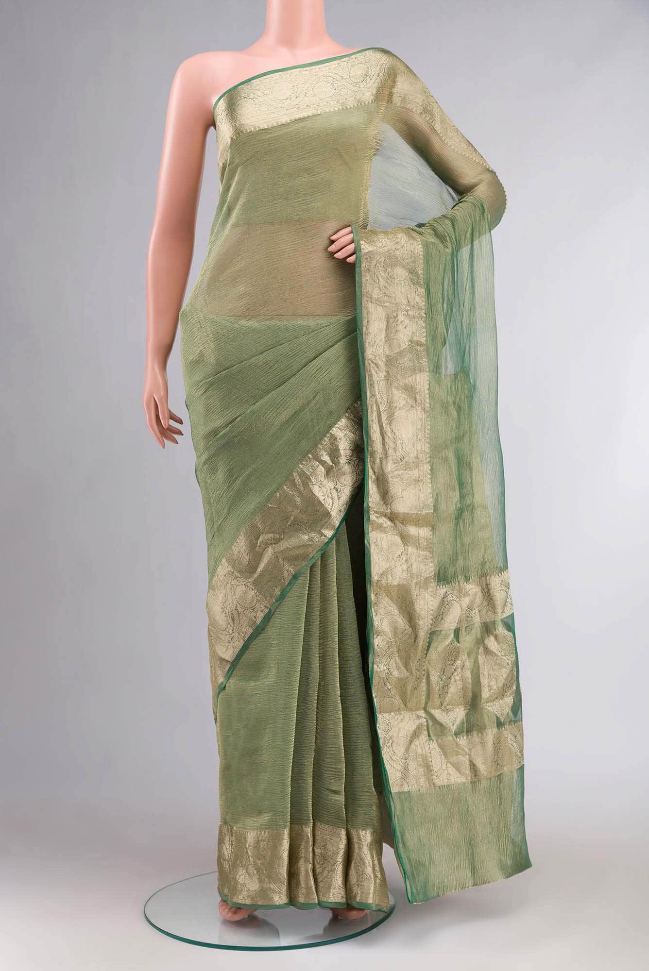 Green with Gold Dual Tone Banarasi Crushed Tissue Silk Saree