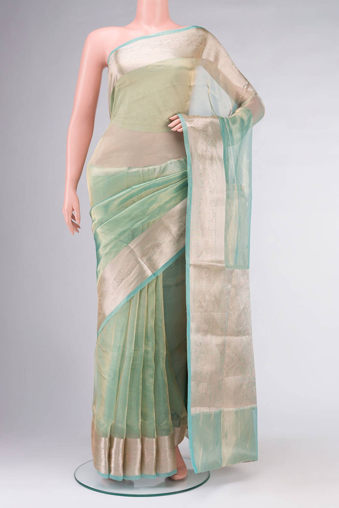 Aqua with Gold Dual Tone Banarasi Tissue Silk Saree