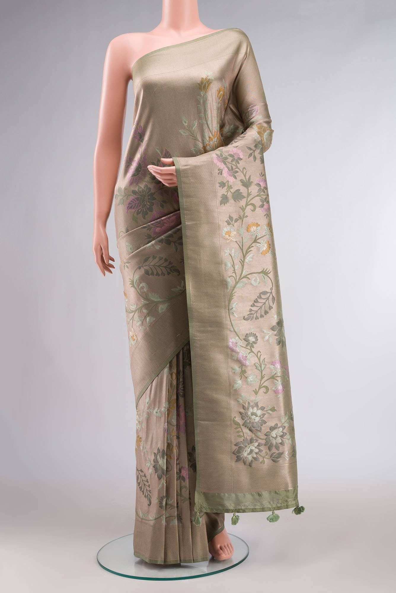 Gold floral Banarasi Silk Saree with zari border