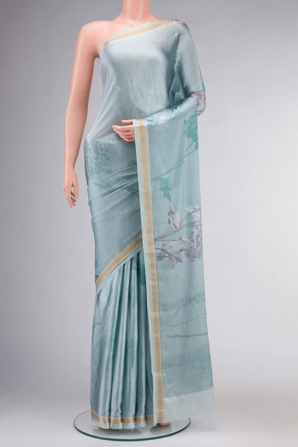 Blue Printed Satin Silk Saree