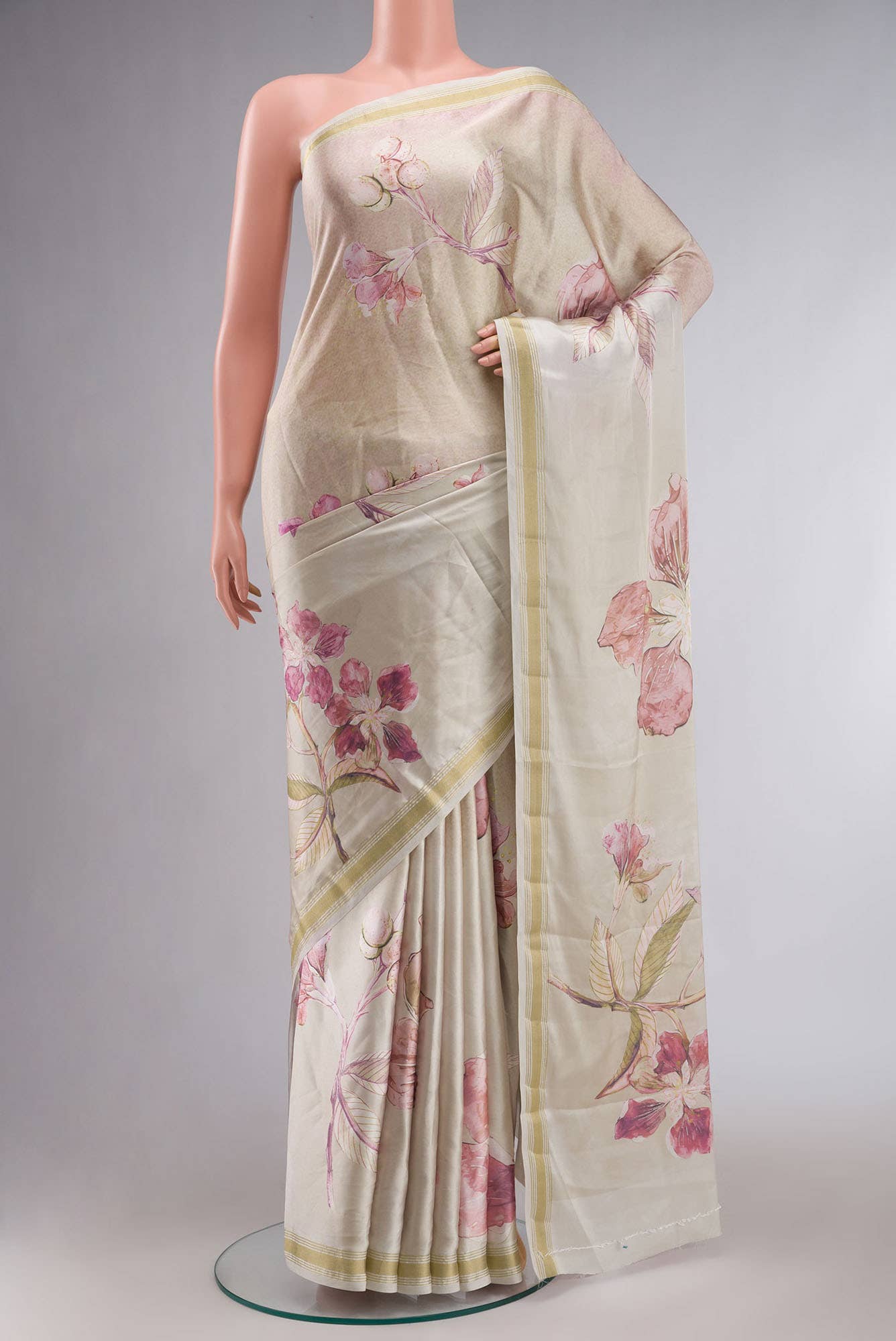 Beige Printed Satin Silk Saree with zari border