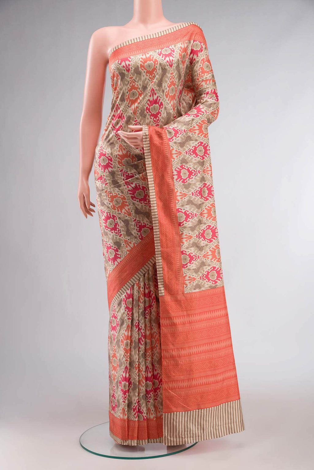Beige Printed Silk Saree with contrast border