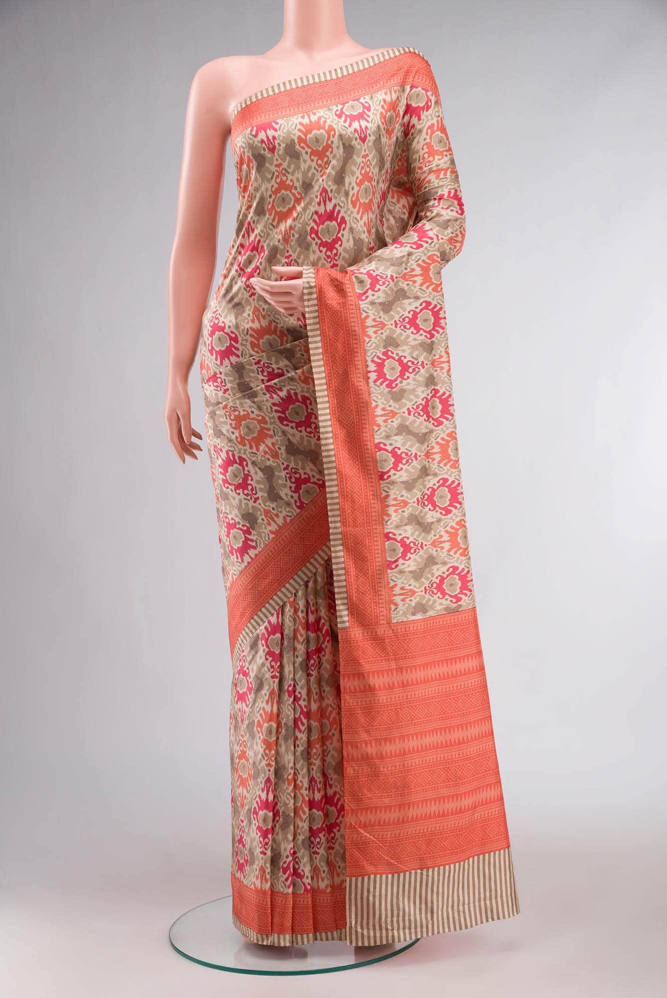 Beige Printed Silk Saree with contrast border