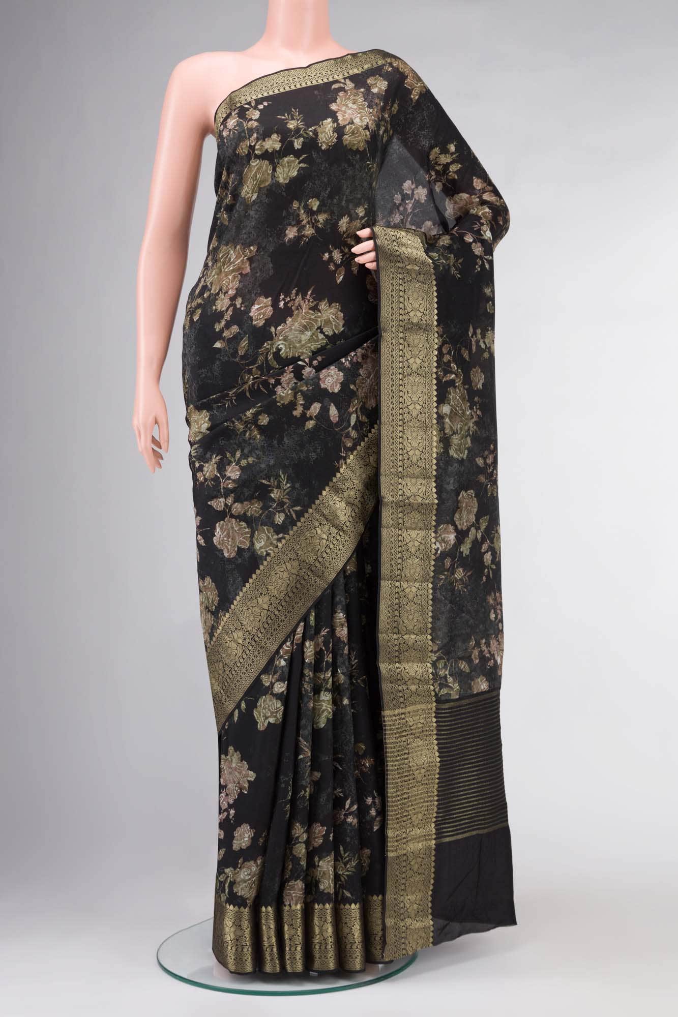 Black Printed with Tussar Silk Saree with zari border