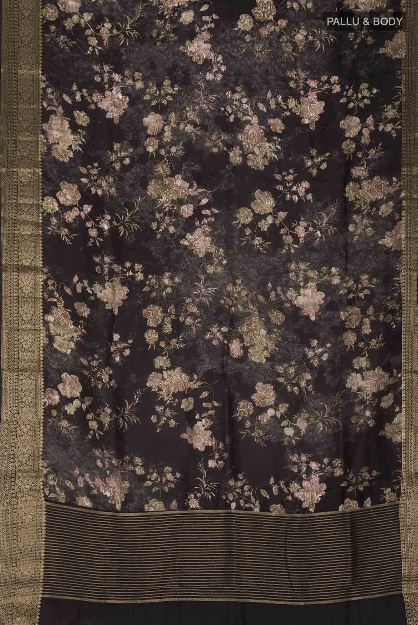 Black Printed with Tussar Silk Saree with zari border