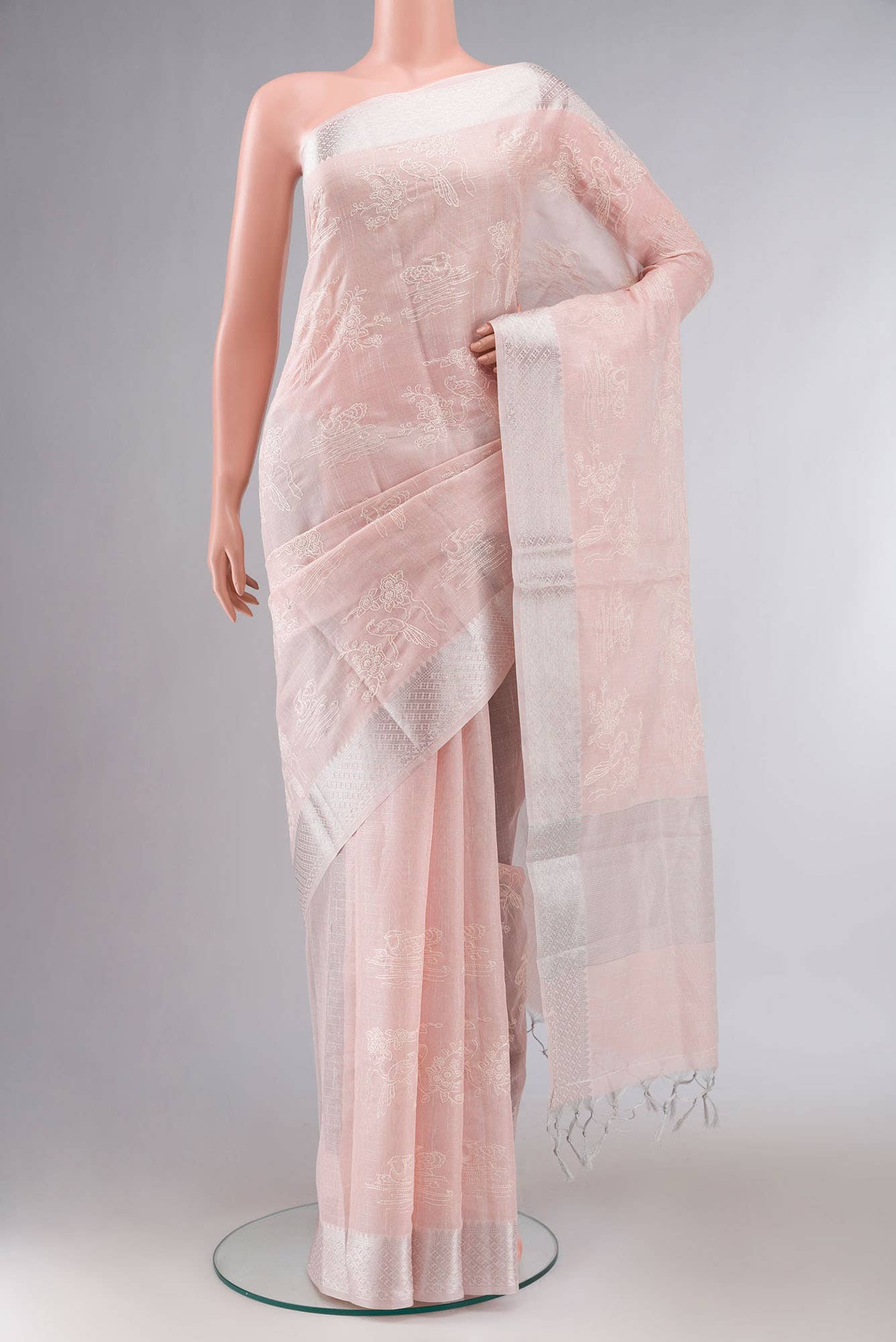 Peach Linen Embroidery Cotton Saree with silver zari border