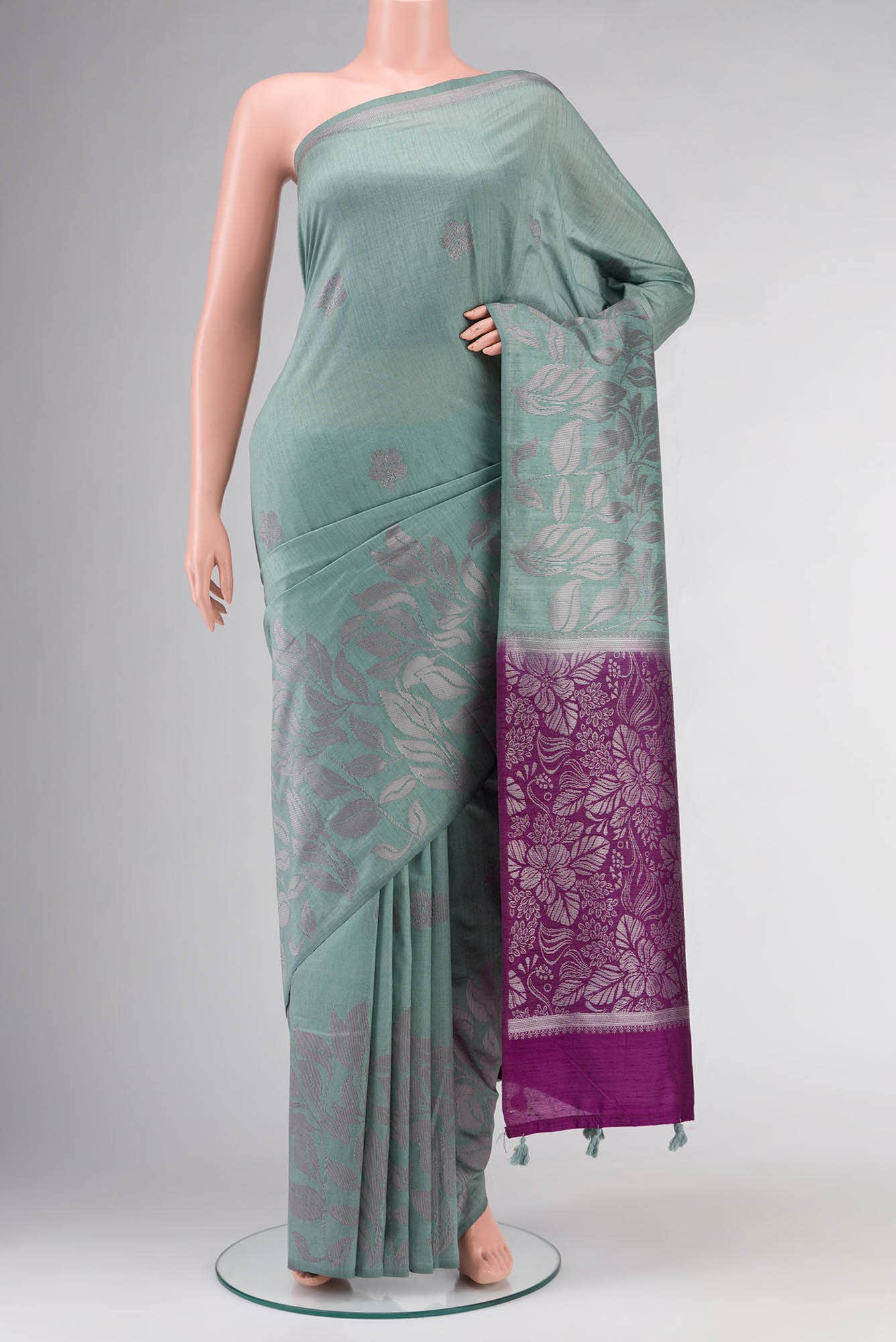 Sage Green Tussar Silk Saree with contrast pallu