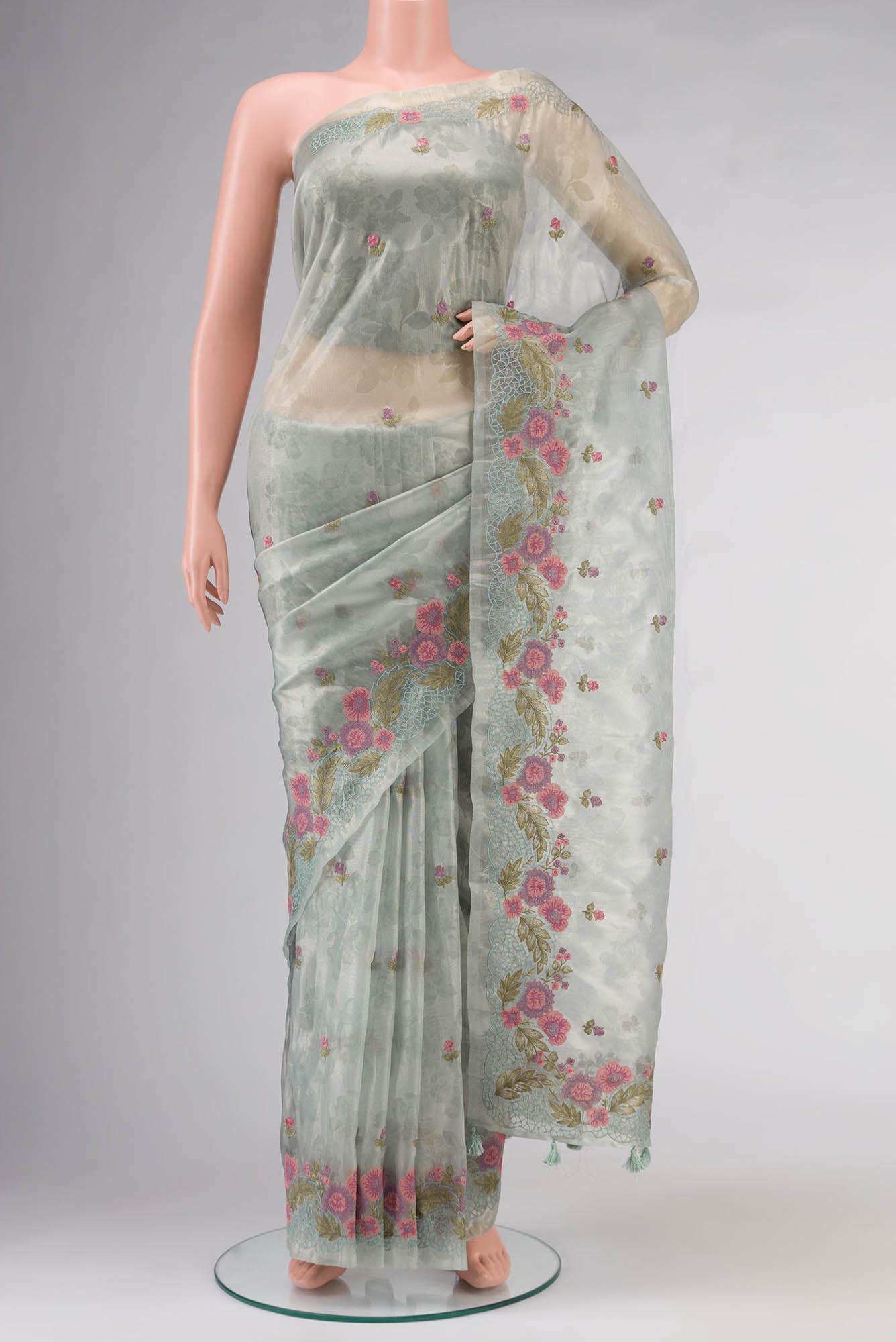 Light Green Embroidery Tissue Saree