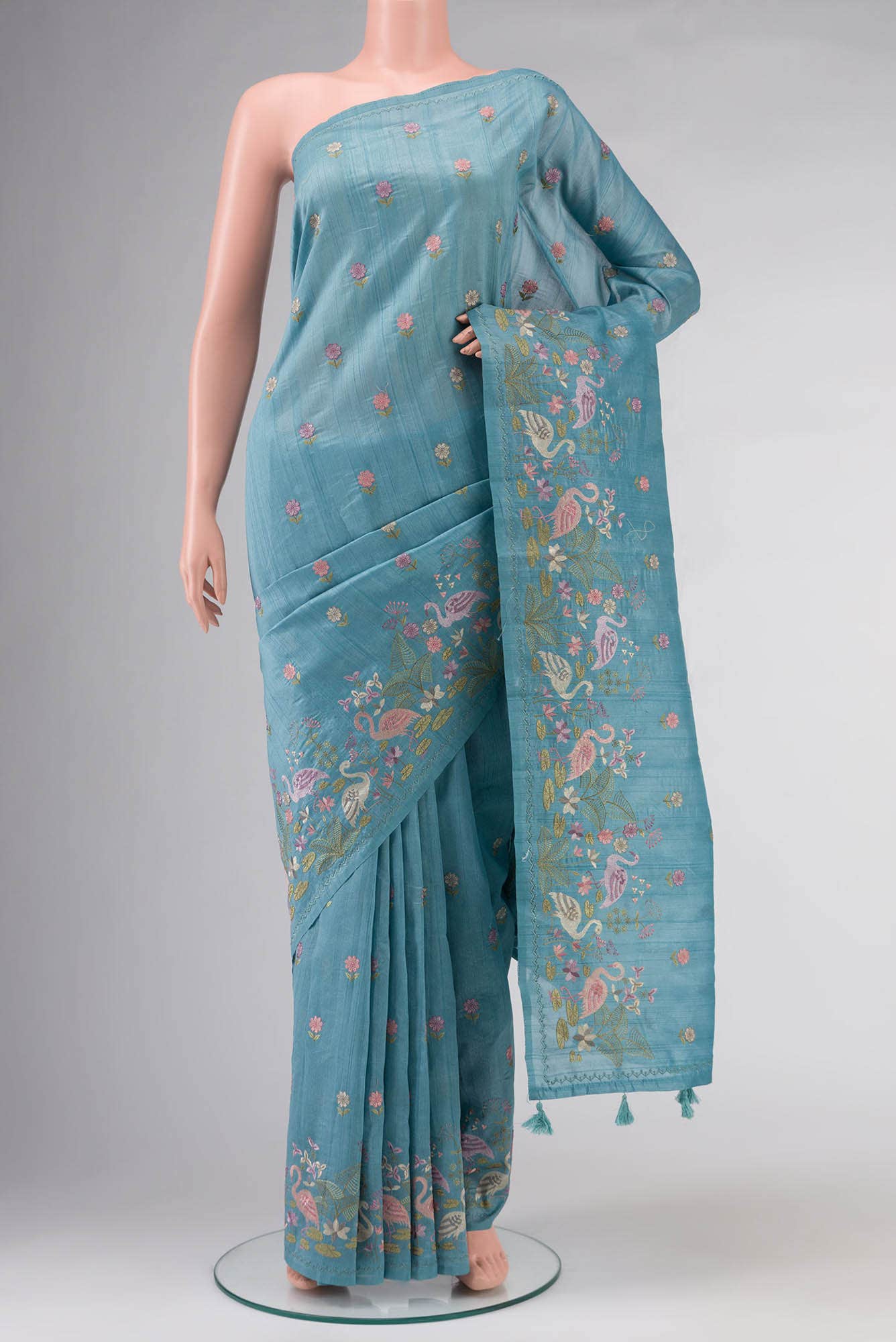 Blue Embroidered Tussar Silk Saree