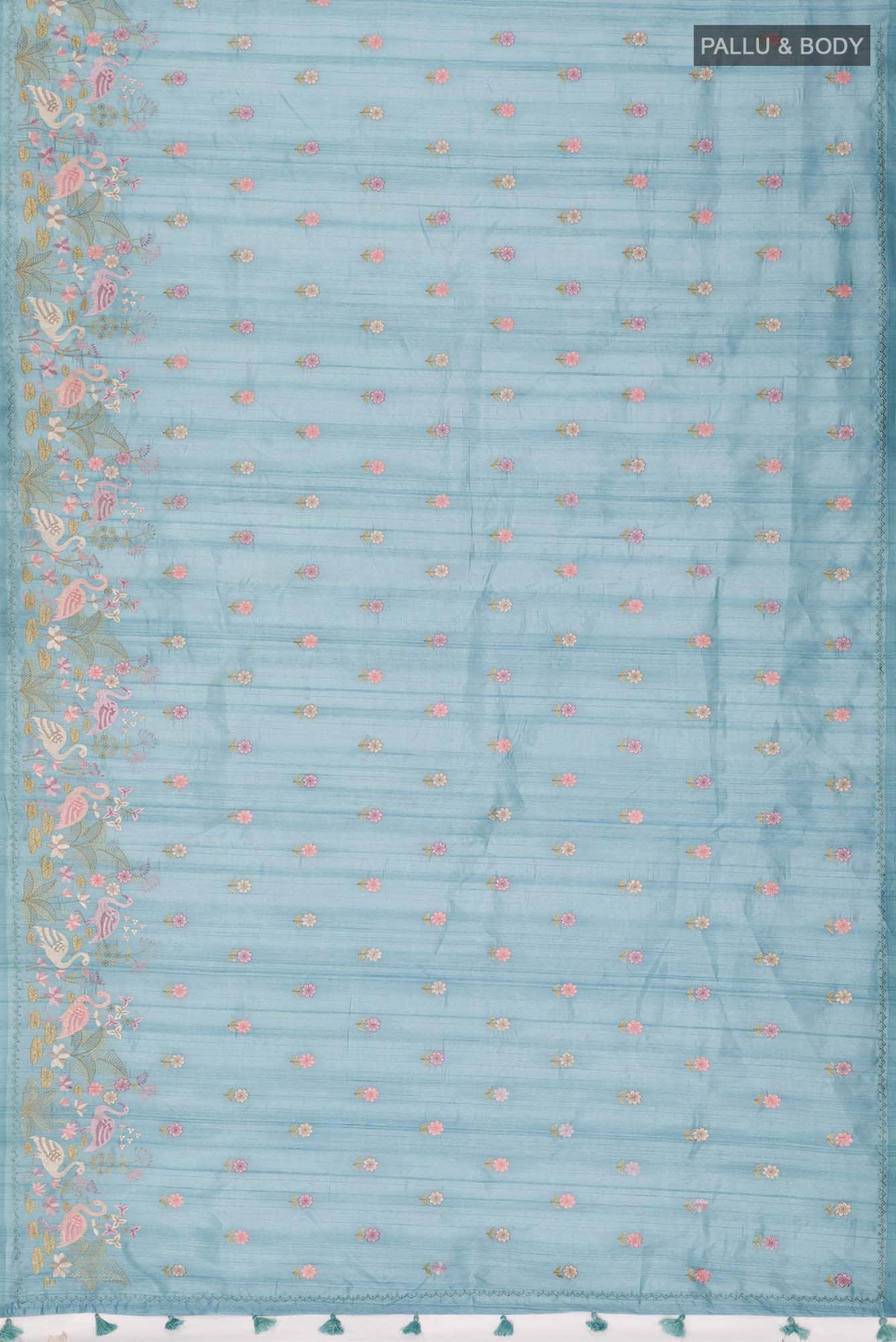 Blue Embroidered Tussar Silk Saree