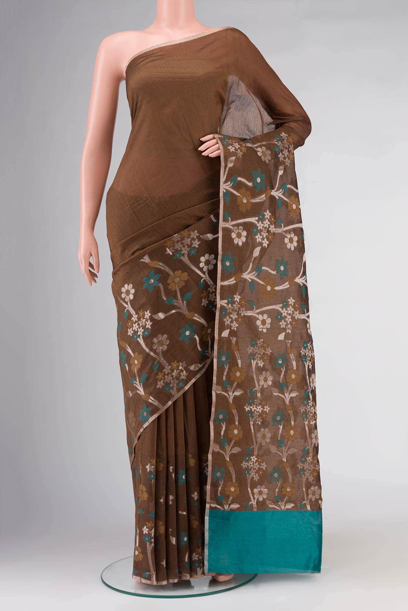 Brown Silk Cotton Saree with floral border