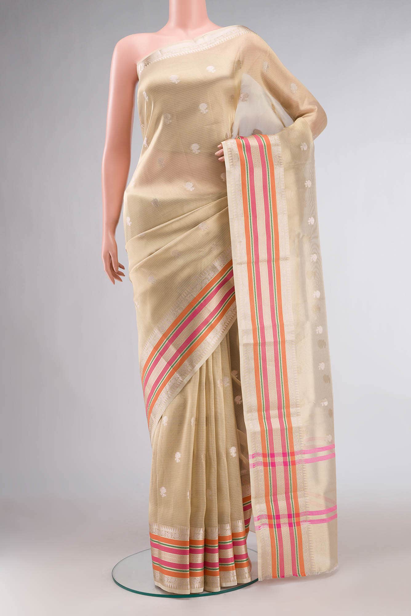 Beige Tissue Silk Saree with contrast zari border