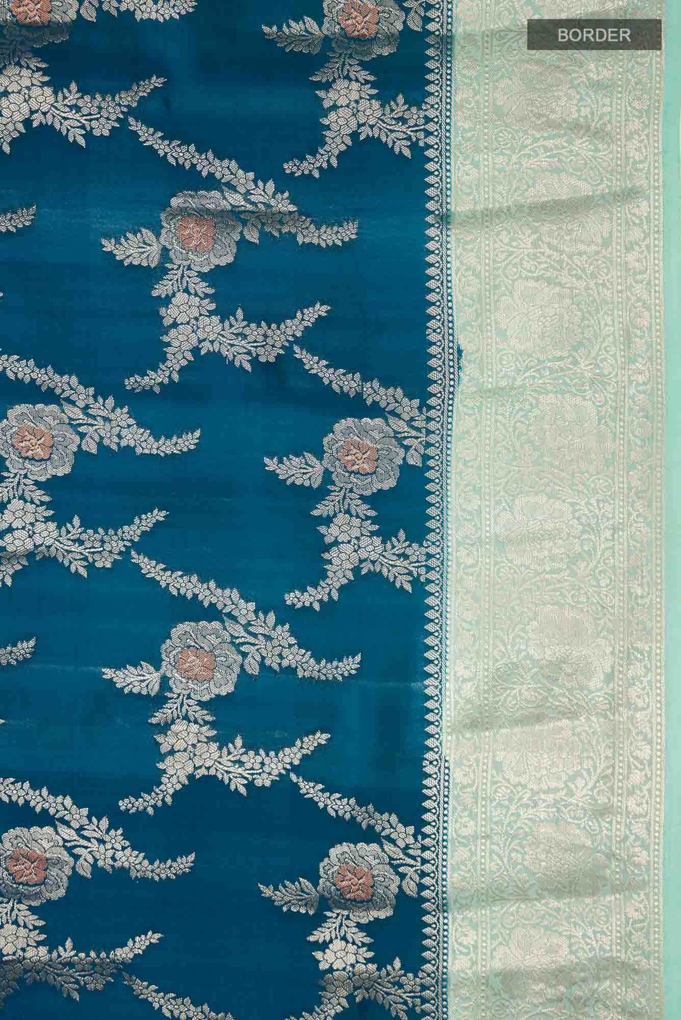 Blue Banarasi Raw Silk Saree with contrast zari border